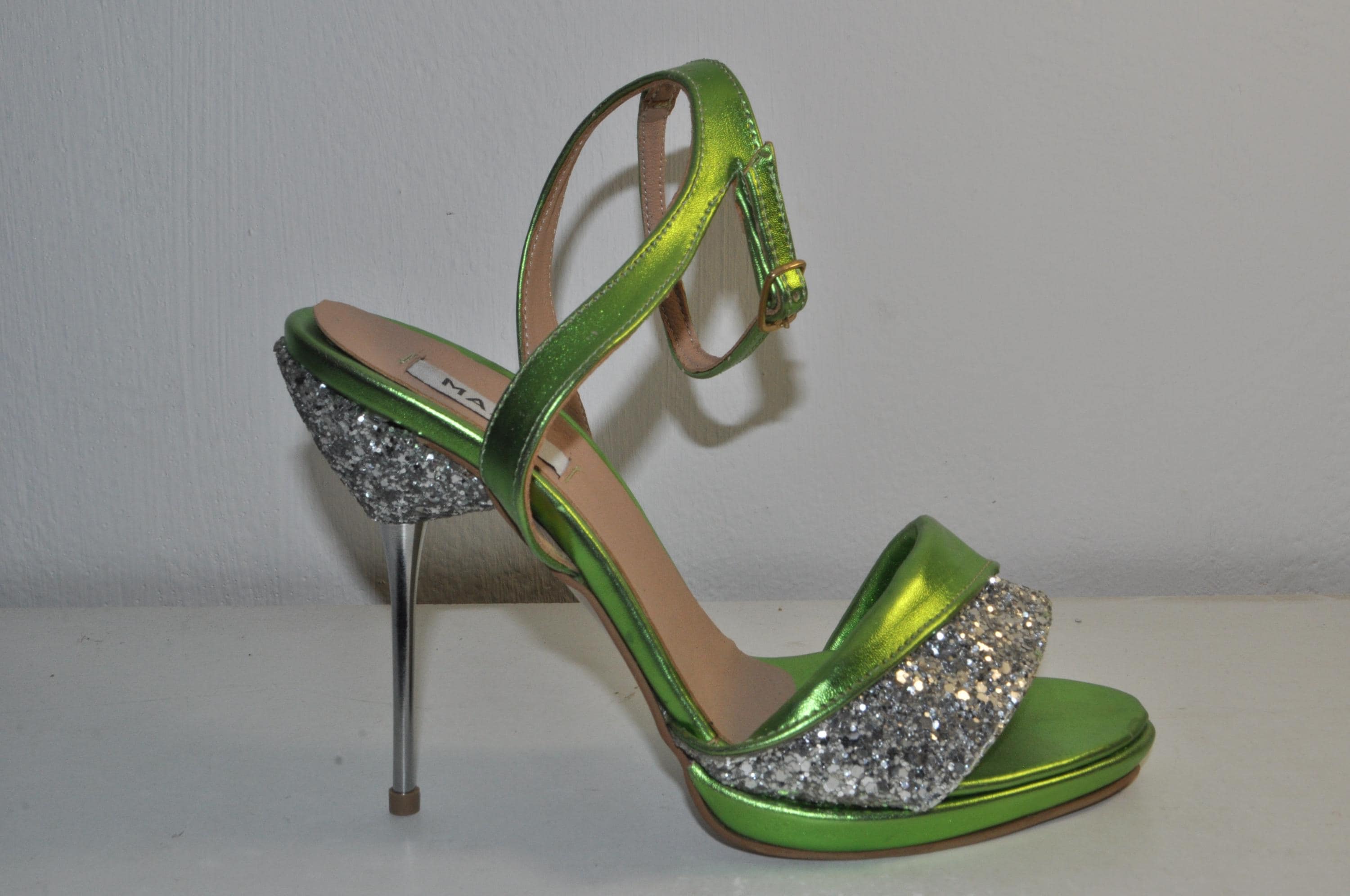 “Designer Women’s MAXIM Green Leather High Heel Sandals – Sophisticated Evening Heels”