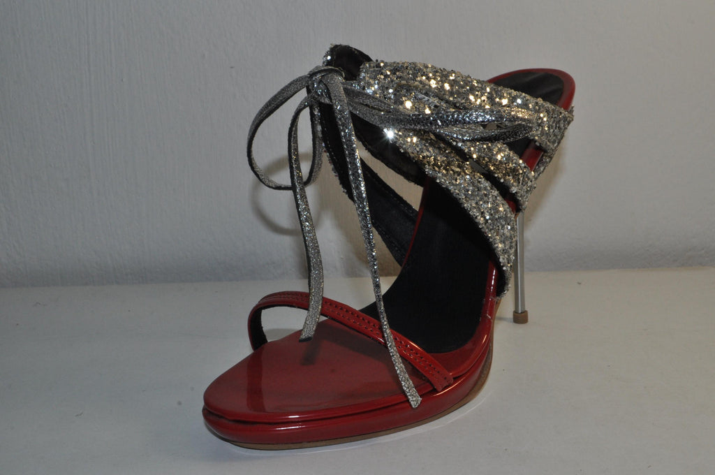 “Designer Women’s Red Patent Leather High Heel Sandals with Silver Glitter – Stylish Metal Heel Evening Heels”