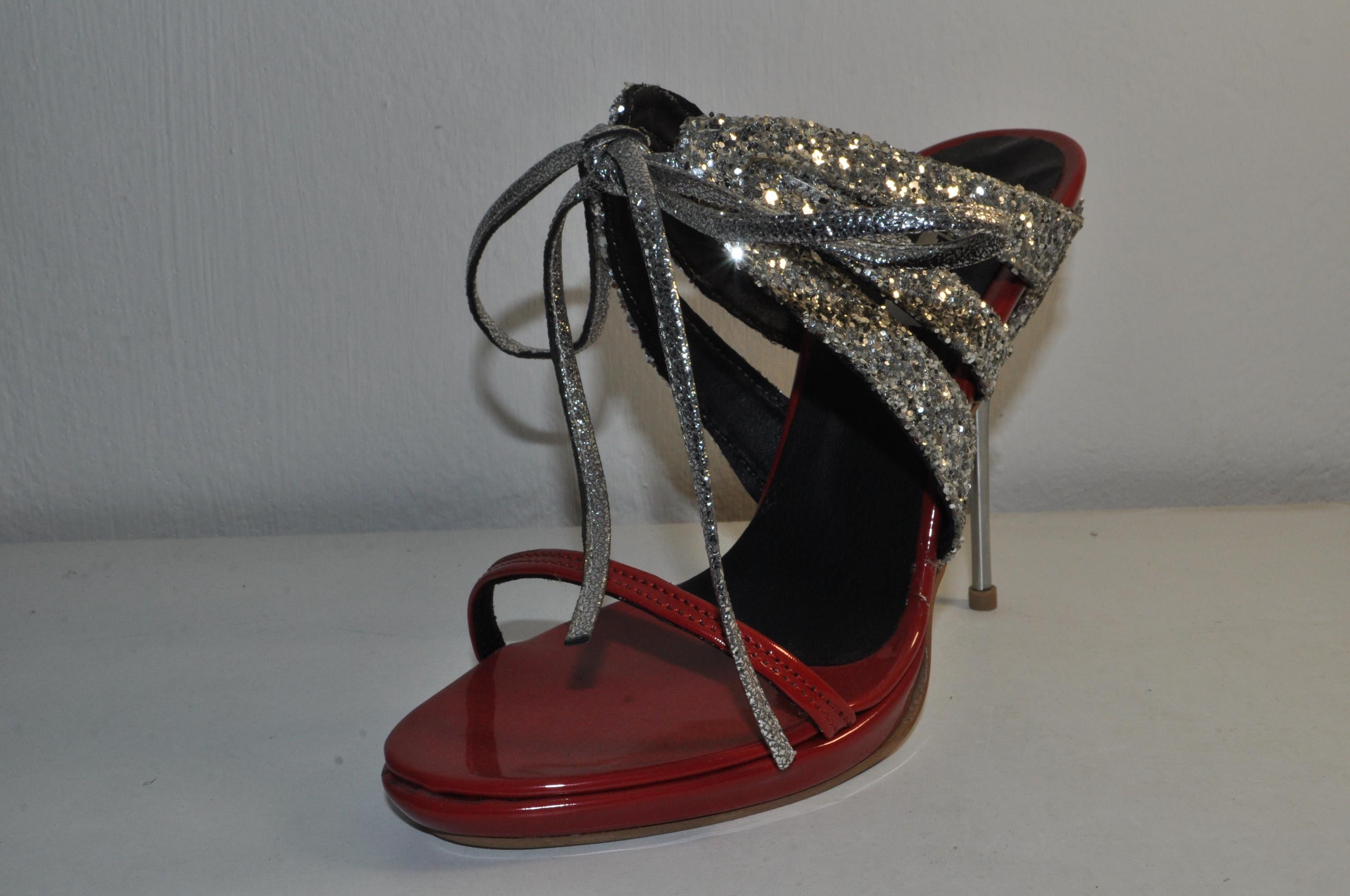 “Designer Women’s Red Patent Leather High Heel Sandals with Silver Glitter – Stylish Metal Heel Evening Heels”