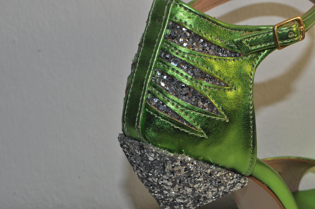 “Designer Women’s Green Metallic Leather High Heel Sandals – Chunky Metallic Heel Evening Heels”