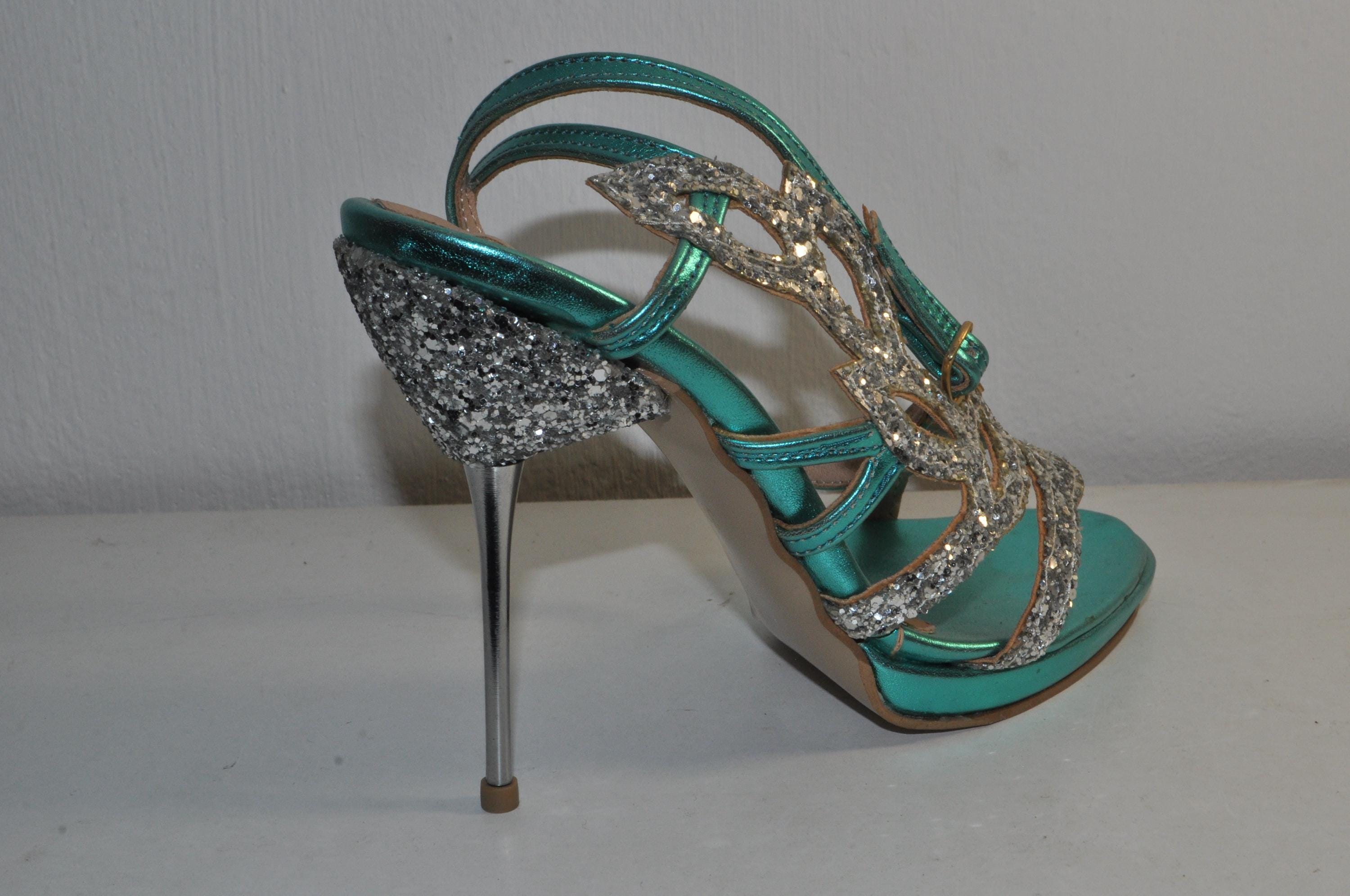 Chic Teal Glitter High Heels with Metallic Heel: Women’s Evening Glamour Sandals