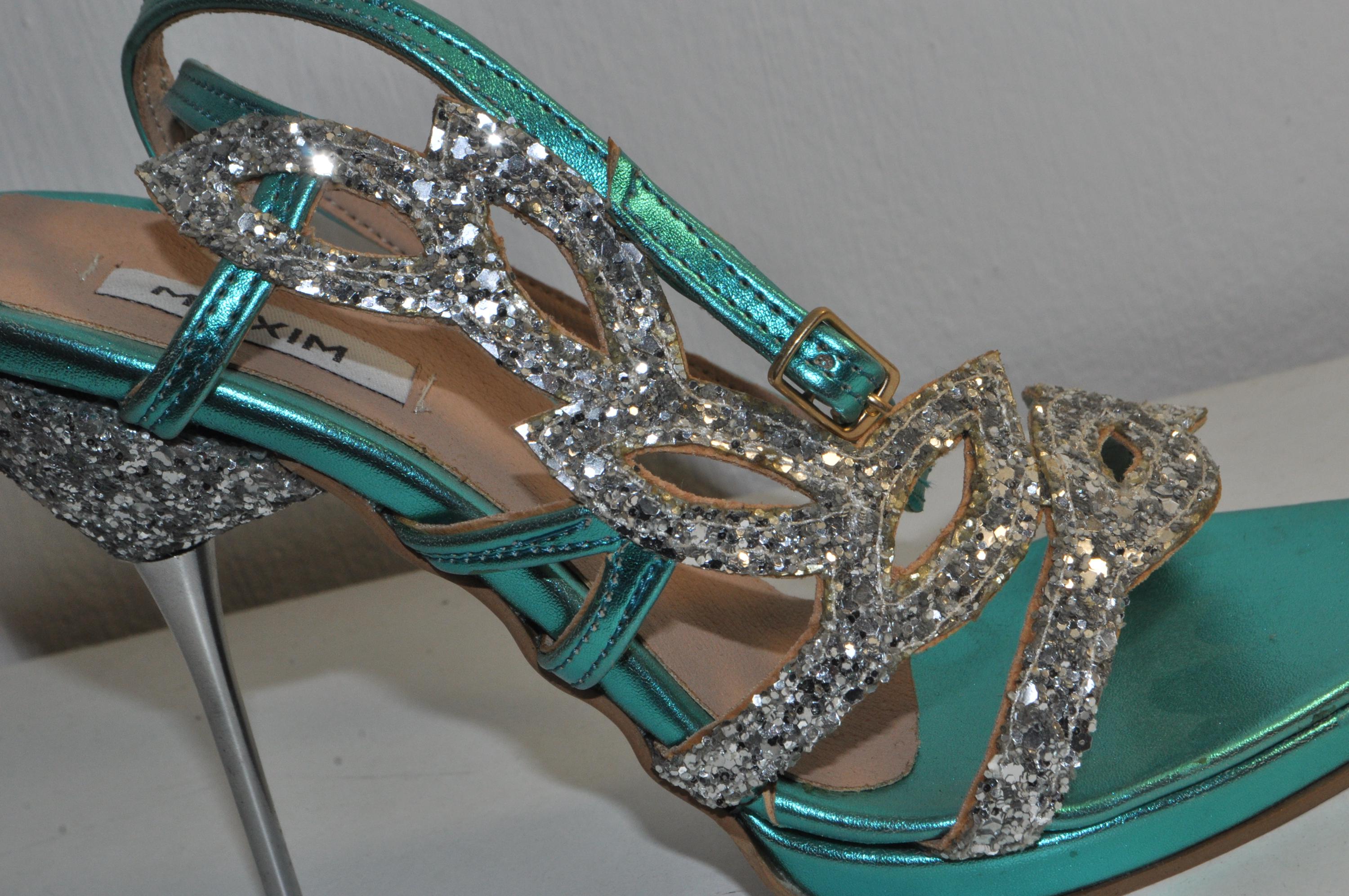 Chic Teal Glitter High Heels with Metallic Heel: Women’s Evening Glamour Sandals
