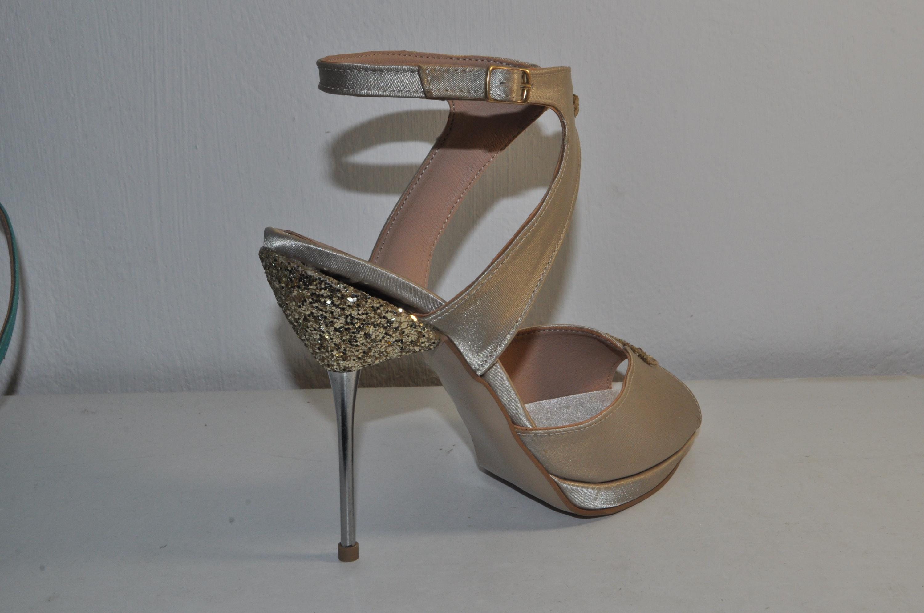 “Women’s Handmade Gold Satin Leather High Heel Sandals – Stylish Evening Shoes”