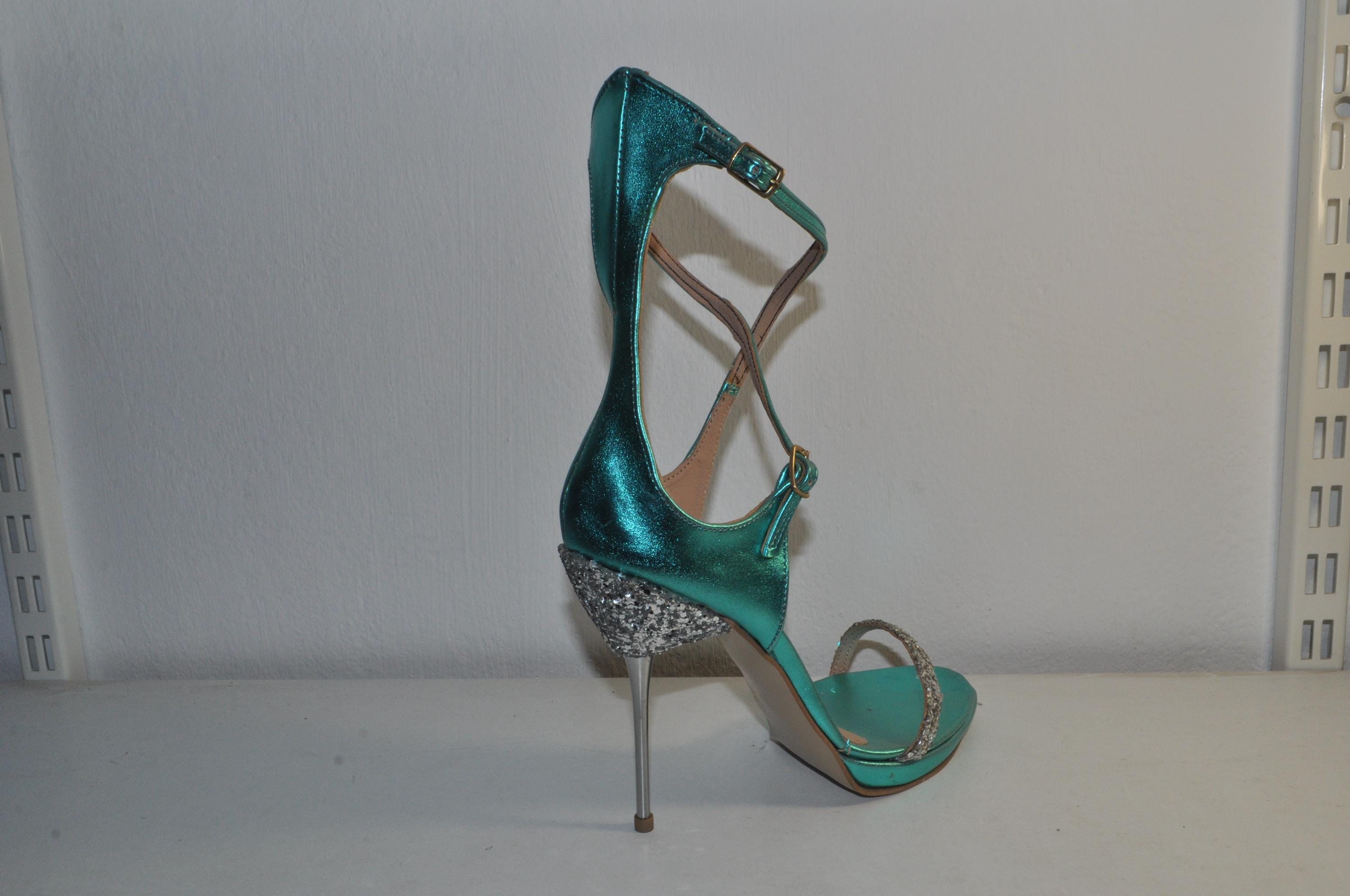 “Women’s Teal Handmade Leather High Heel Sandals – Stylish Evening Shoes”