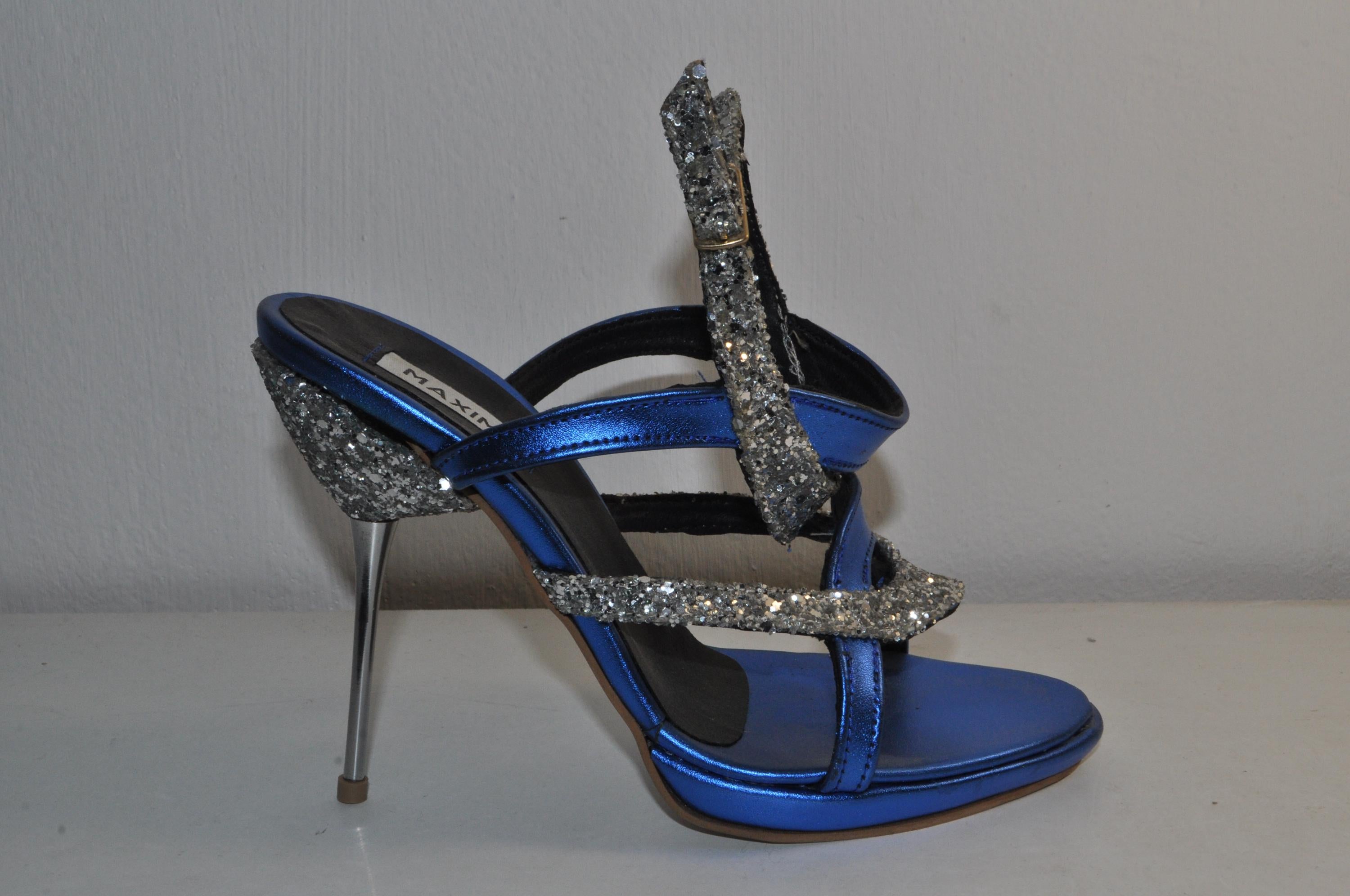 Gabriella Blue High Heel Sandals – Chunky Heel, Metallic Glitter Evening Shoes