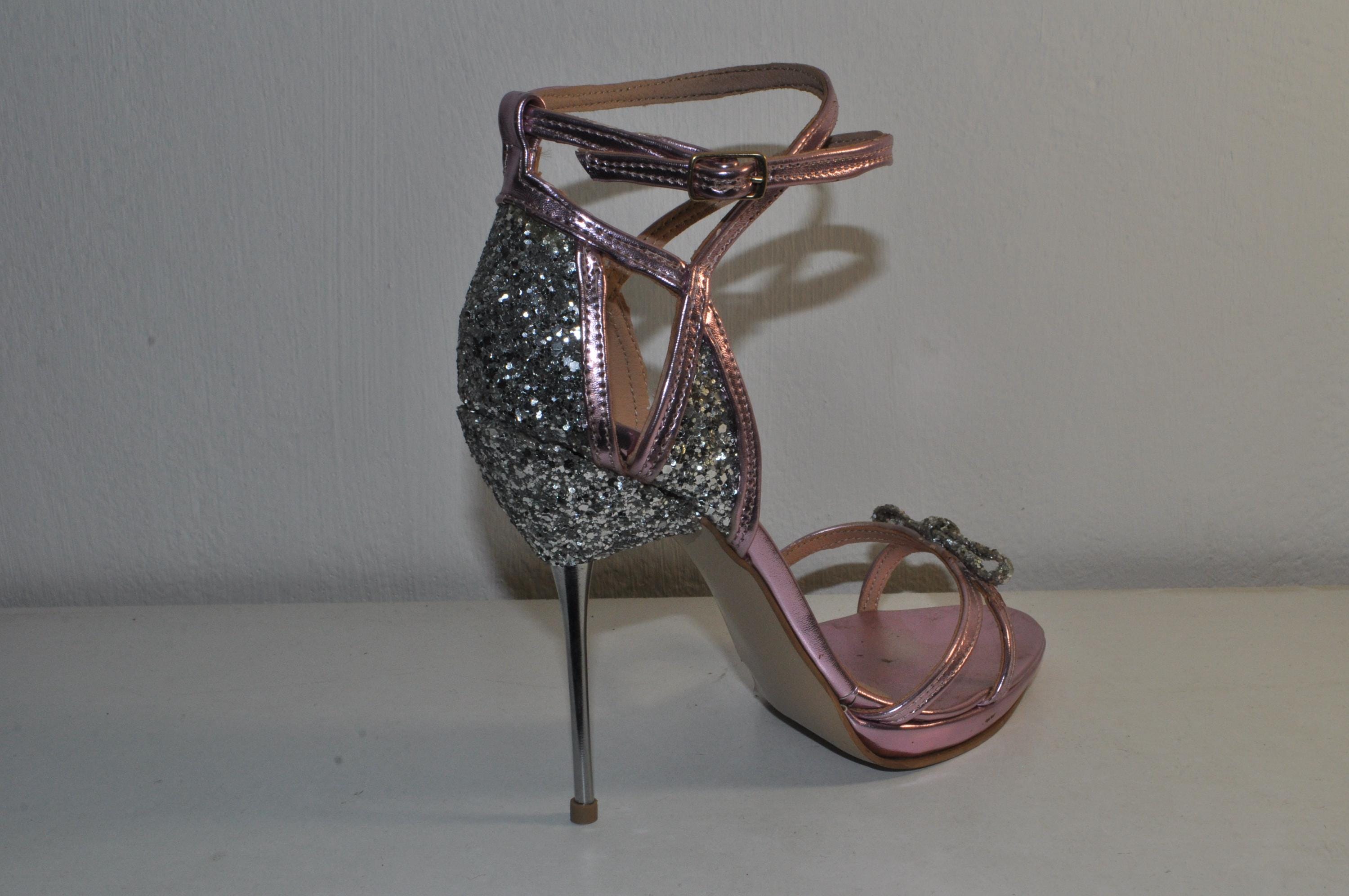 “Designer Women’s Pink Handmade Glitter High Heel Sandals – Sophisticated Evening Heels”
