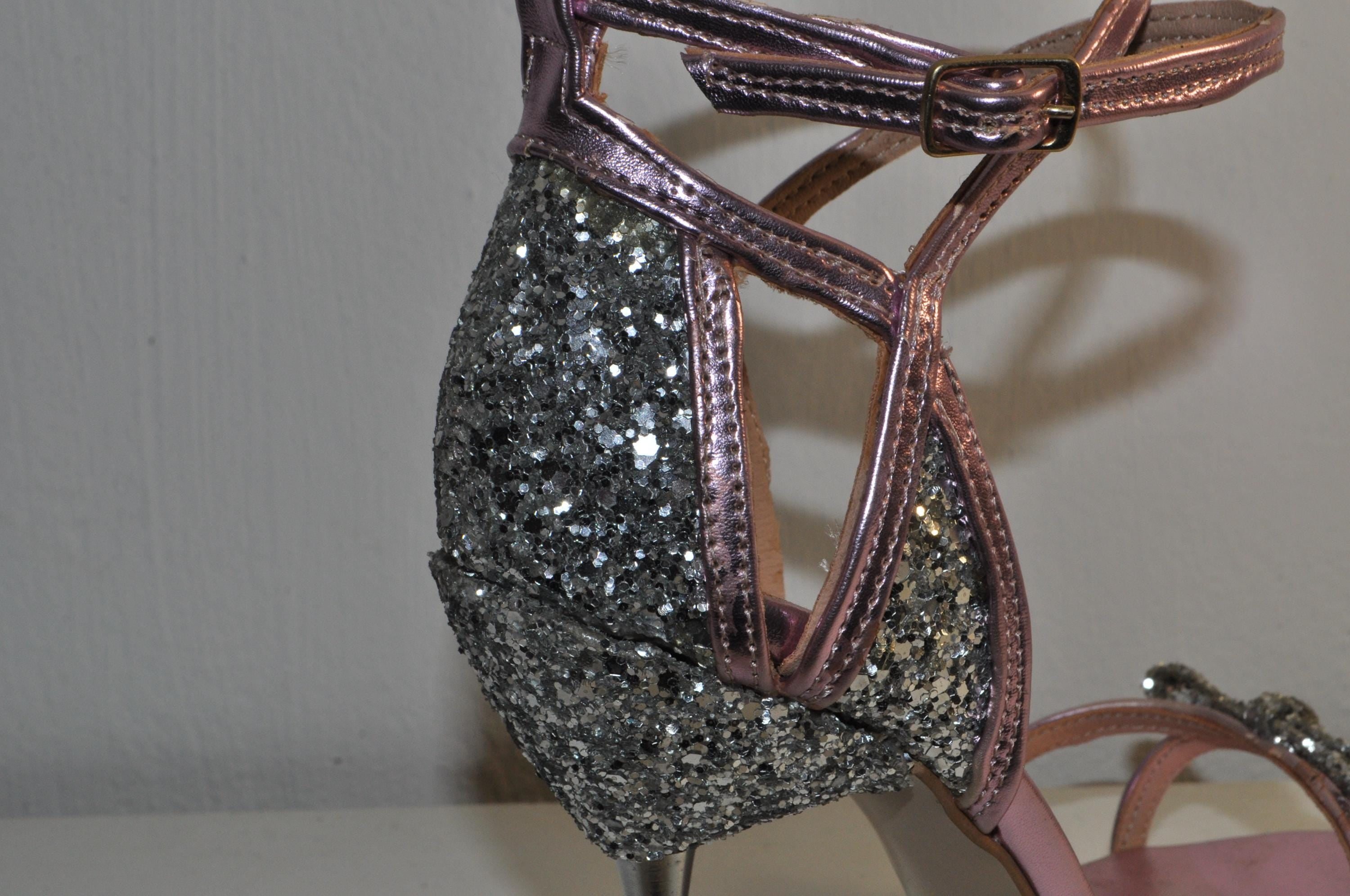 “Designer Women’s Pink Handmade Glitter High Heel Sandals – Sophisticated Evening Heels”