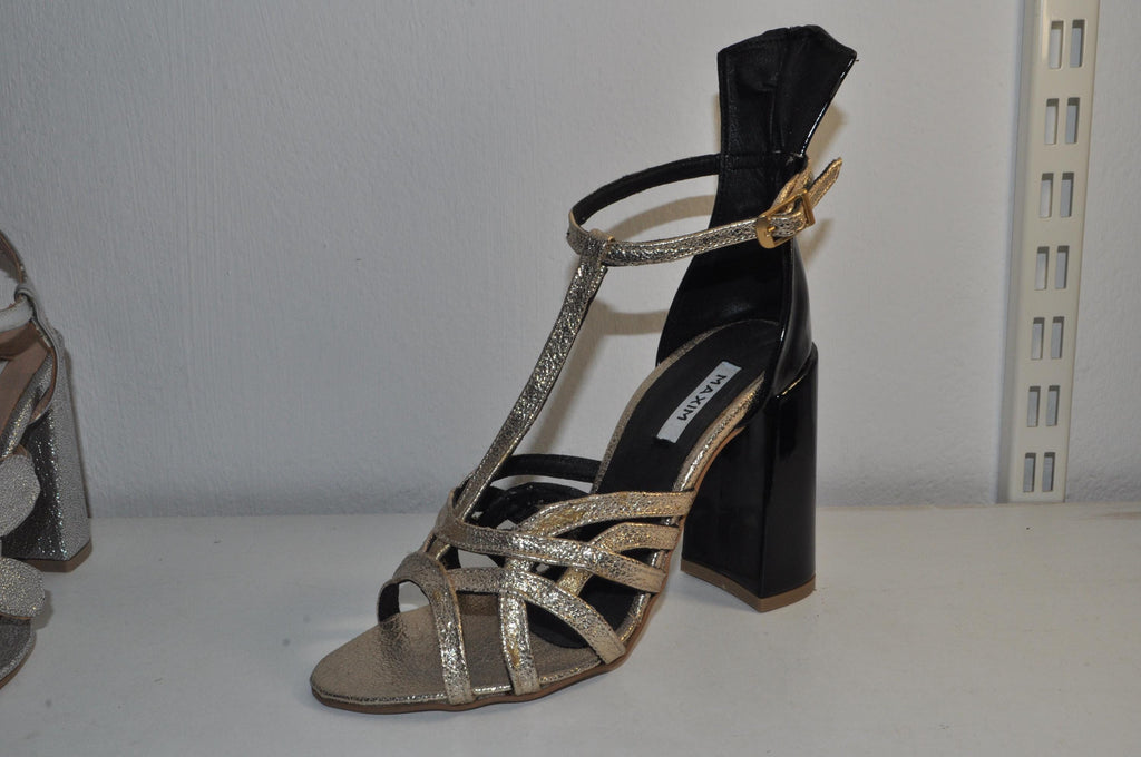 “Women’s Black Patent Leather Chunky Heel Sandals – Gold Detail Luxury Evening Shoes”