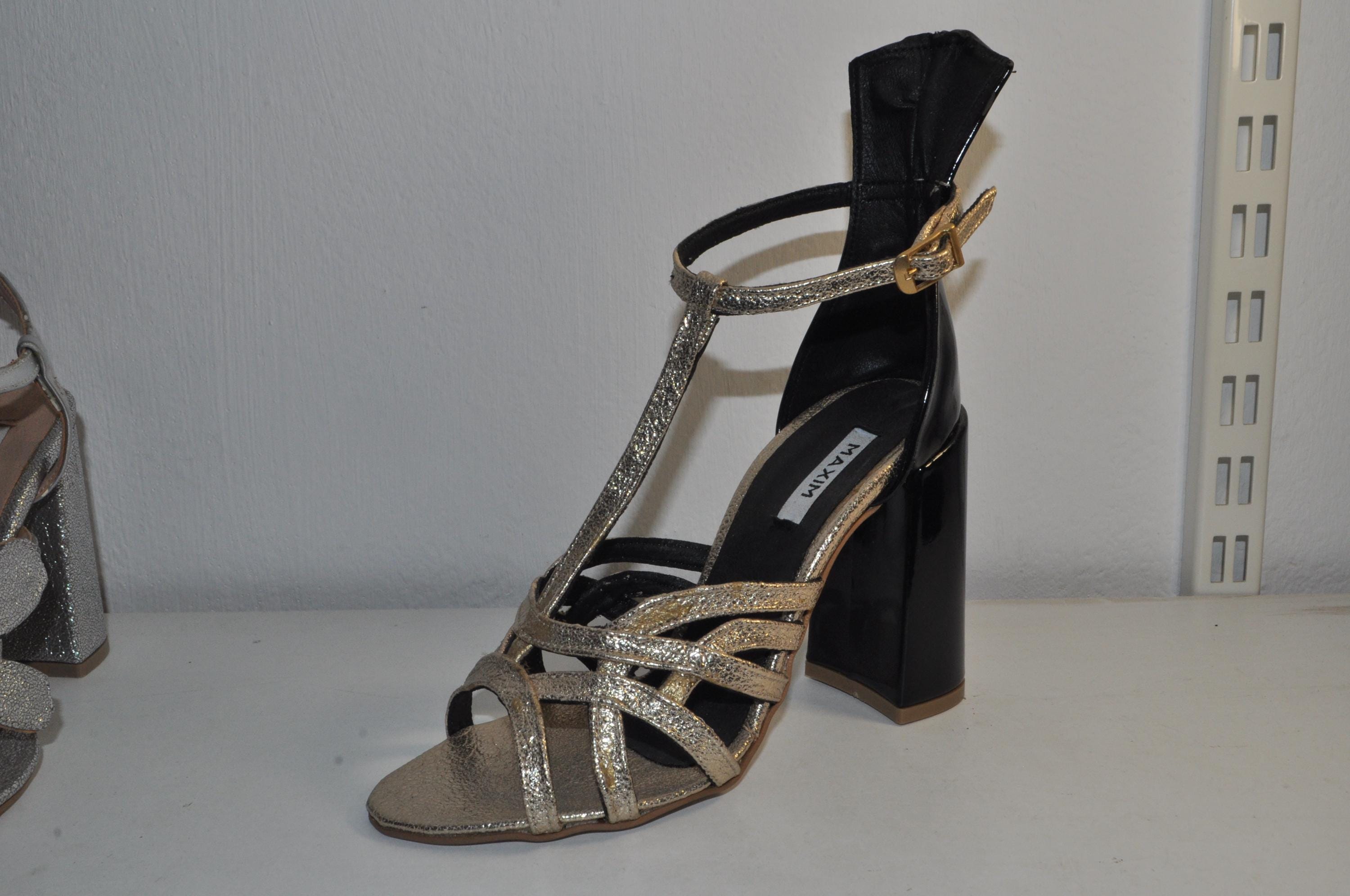 “Women’s Black Patent Leather Chunky Heel Sandals – Gold Detail Luxury Evening Shoes”