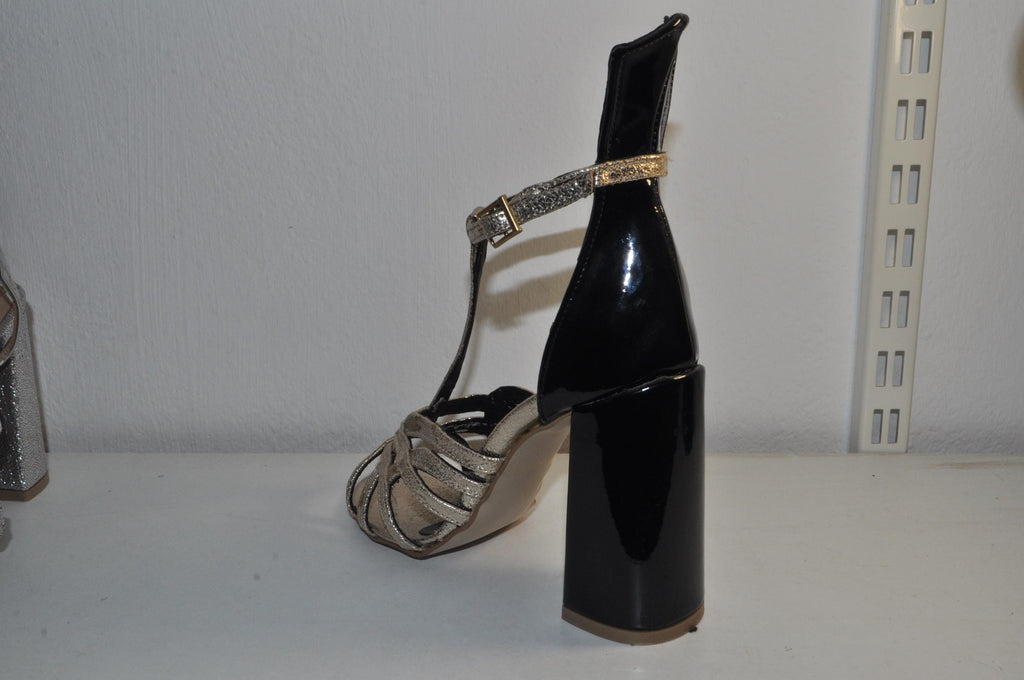 “Women’s Black Patent Leather Chunky Heel Sandals – Gold Detail Luxury Evening Shoes”