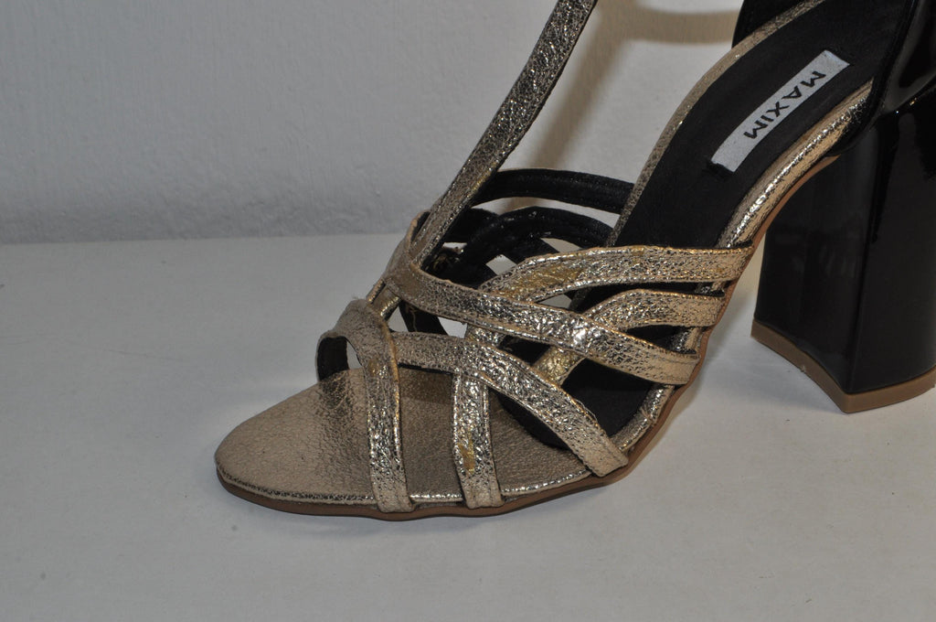 “Women’s Black Patent Leather Chunky Heel Sandals – Gold Detail Luxury Evening Shoes”