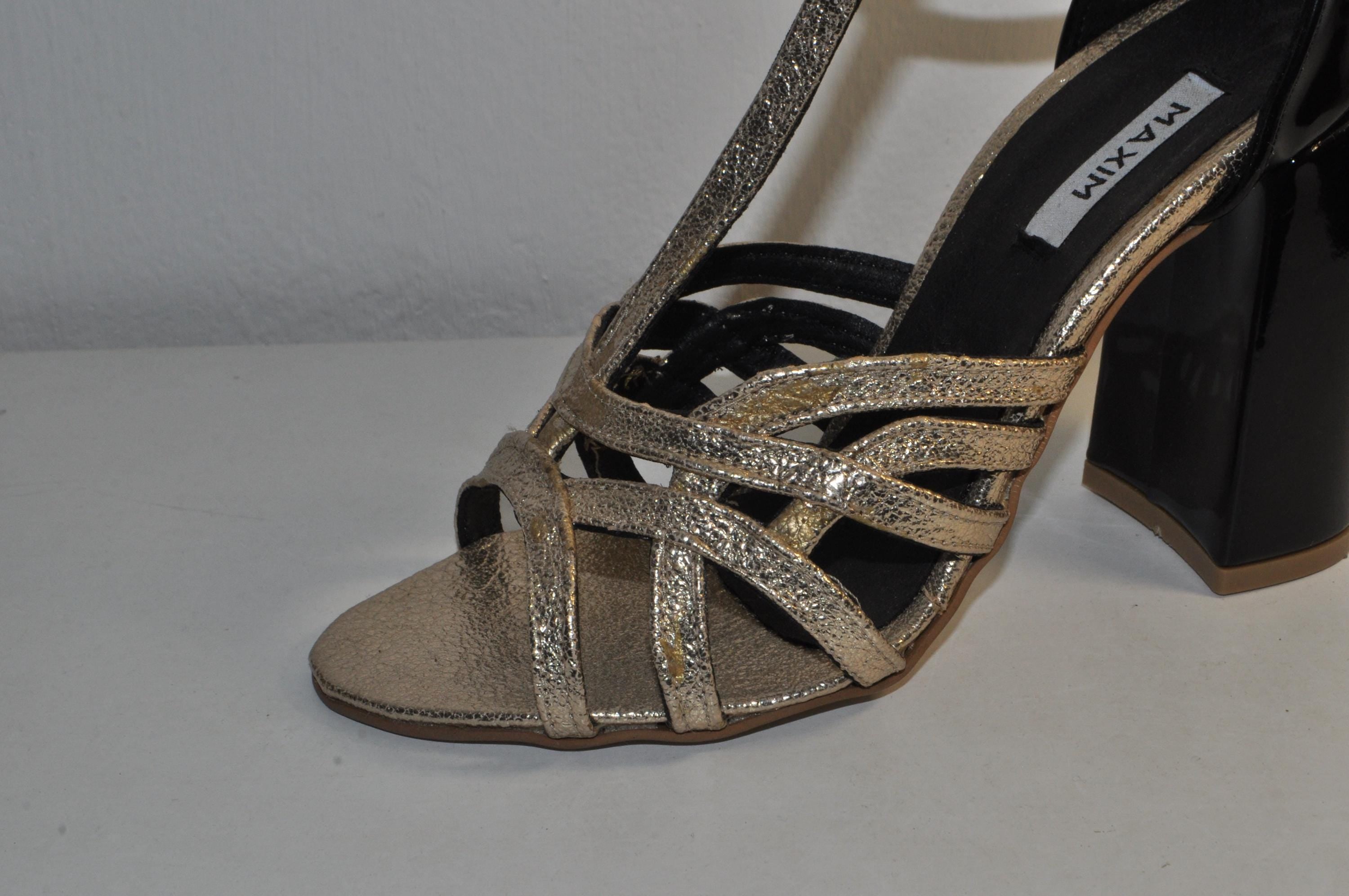 “Women’s Black Patent Leather Chunky Heel Sandals – Gold Detail Luxury Evening Shoes”