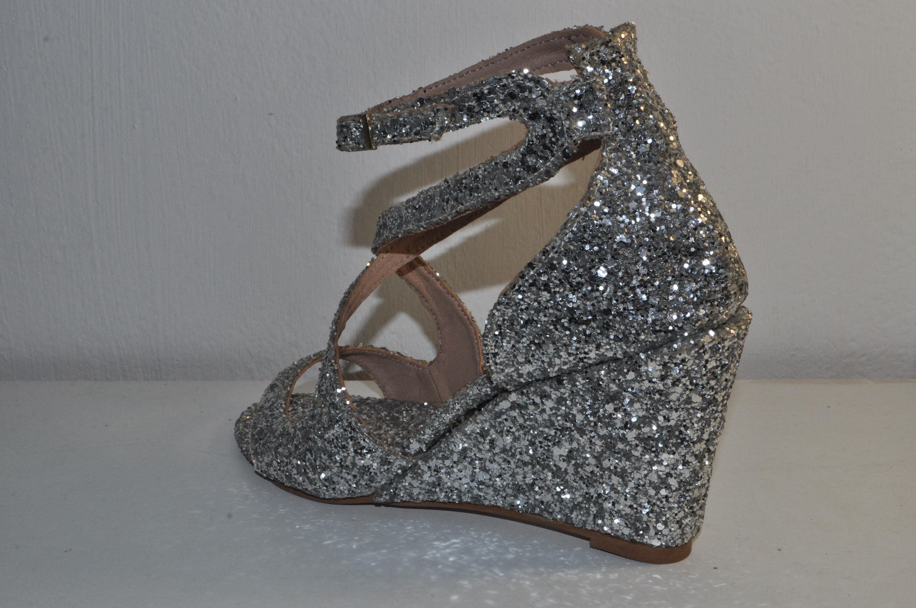 Bridal Silver Glitter Wedge Sandals – Handmade Wedding Heels