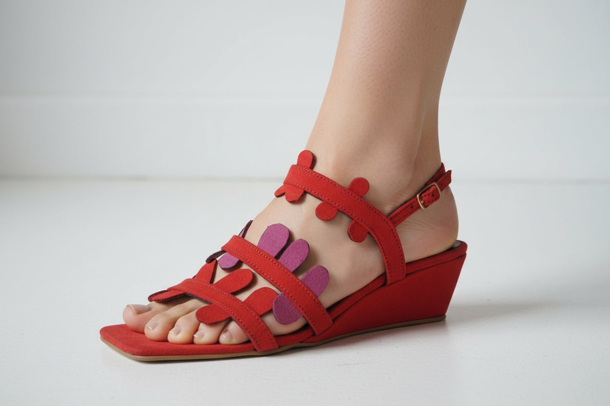 “Women’s Handmade Leather Red Floral Glitter Chunky Heel Sandals – Glamorous Evening Shoes”