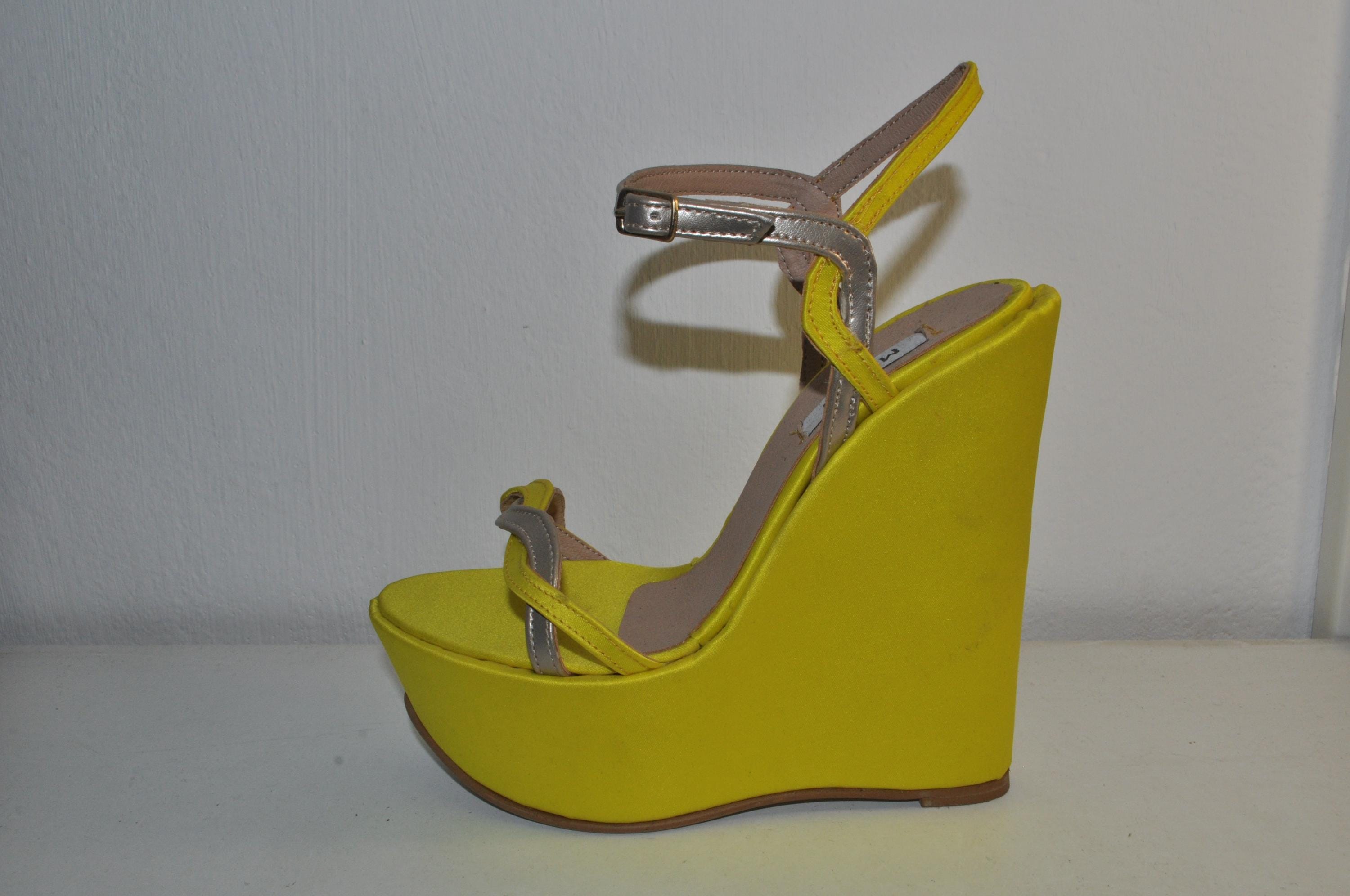 Yellow Leather Wedge Chunky Heels – Handmade Sandals