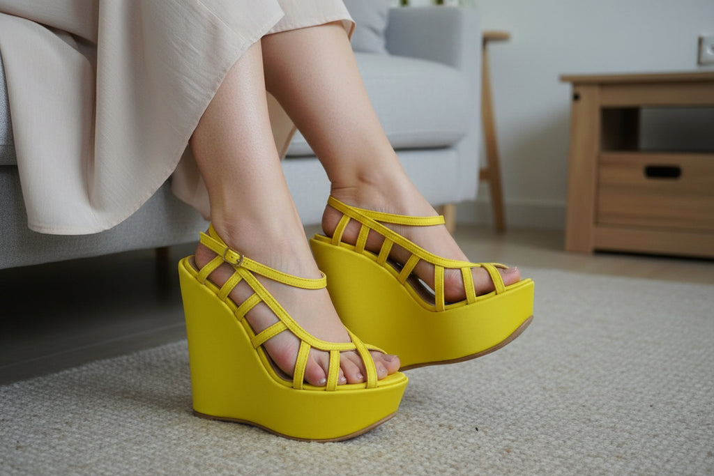Handmade Yellow Leather Wedge Sandals – Elegant Evening Heels