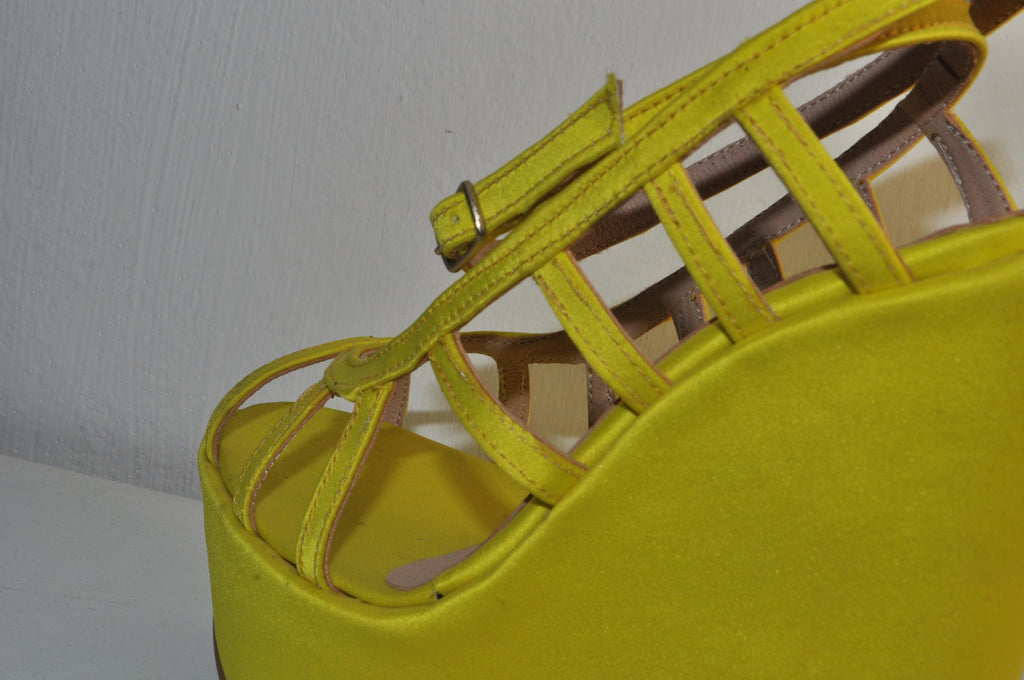 Handmade Yellow Leather Wedge Sandals – Elegant Evening Heels