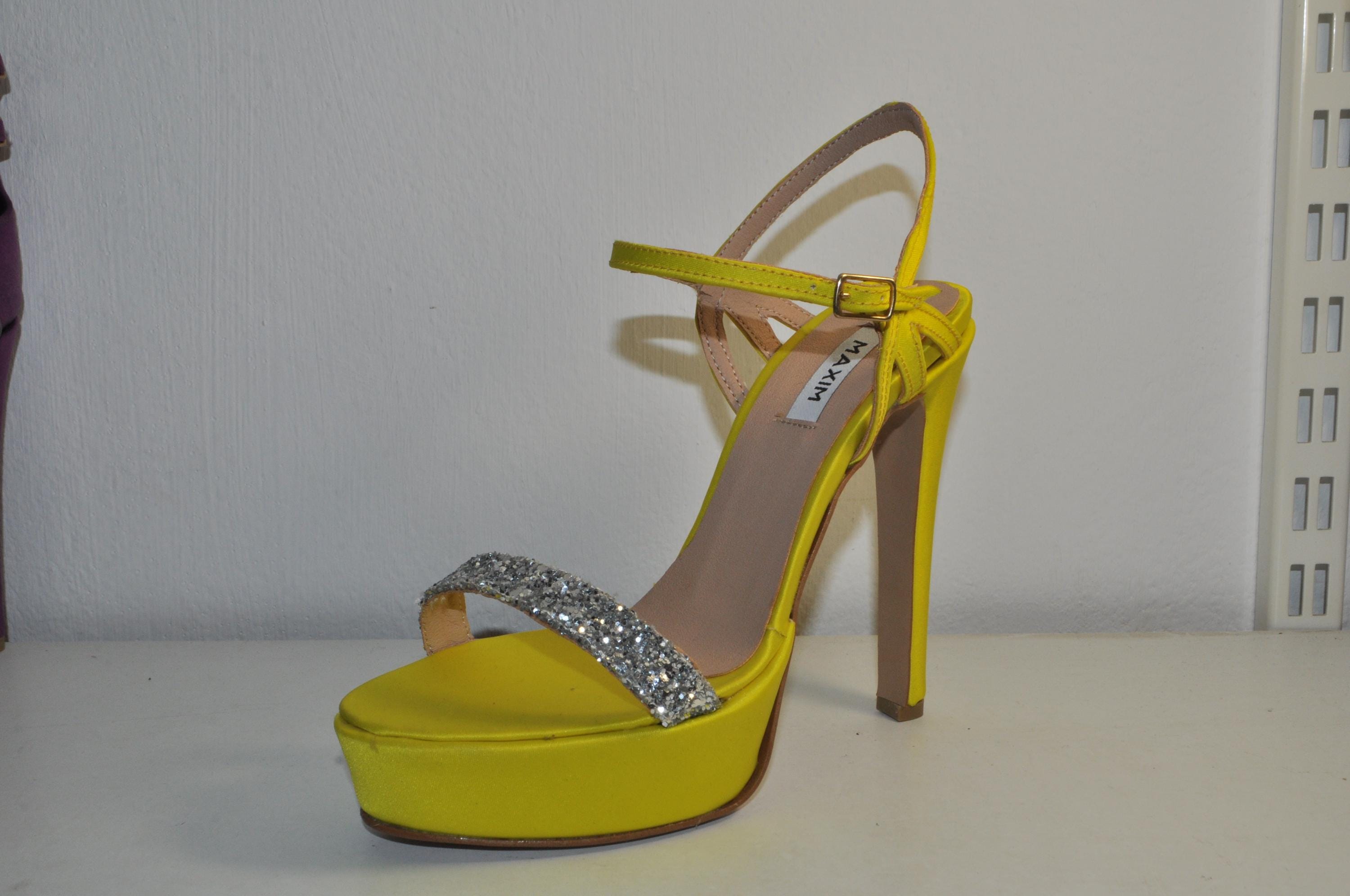 Chic Yellow Satin Handmade Heels: Silver Glitter Statement Sandals