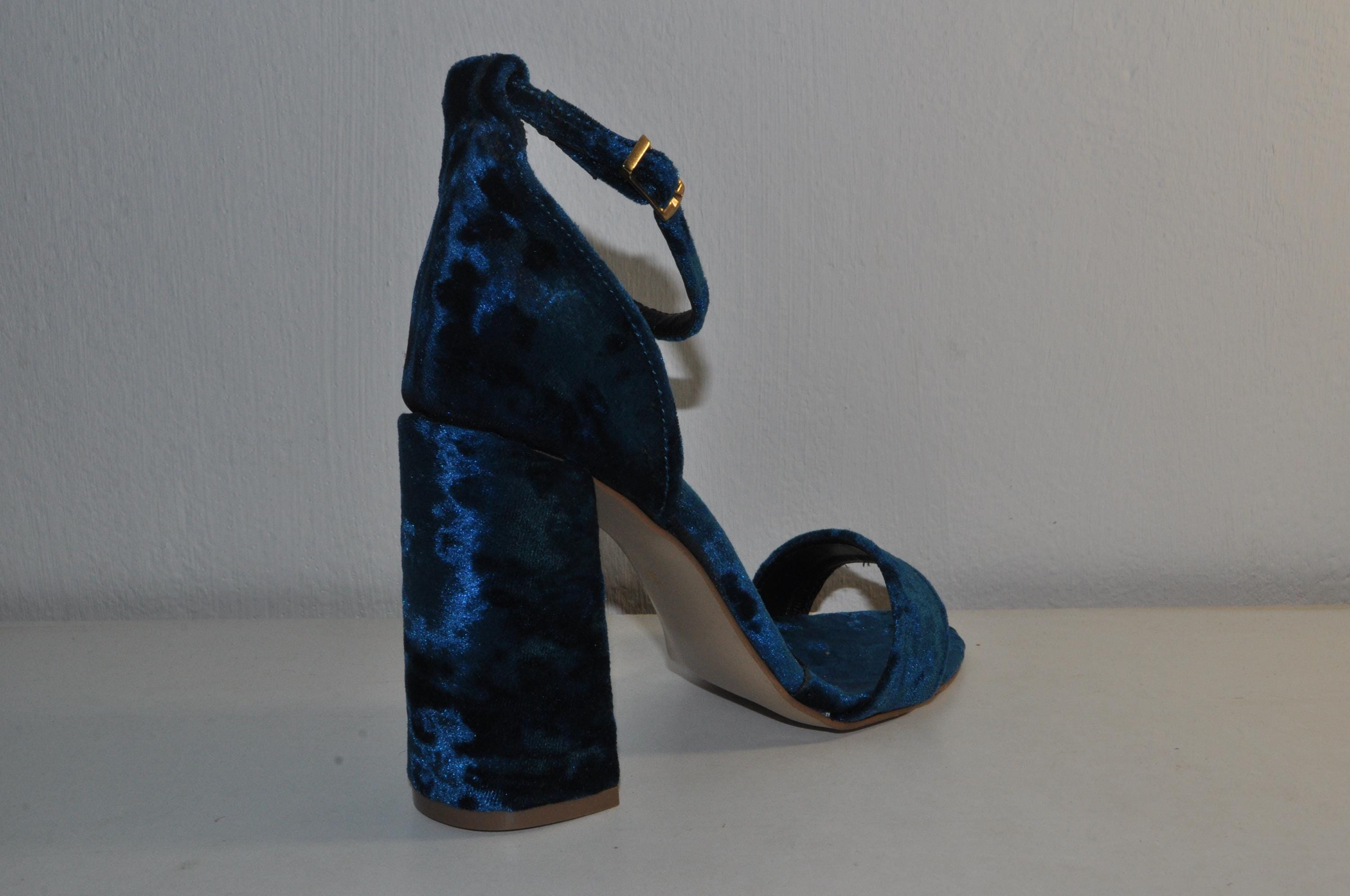Blue Velvet Glam Sandals: Women’s Chunky Evening Heels