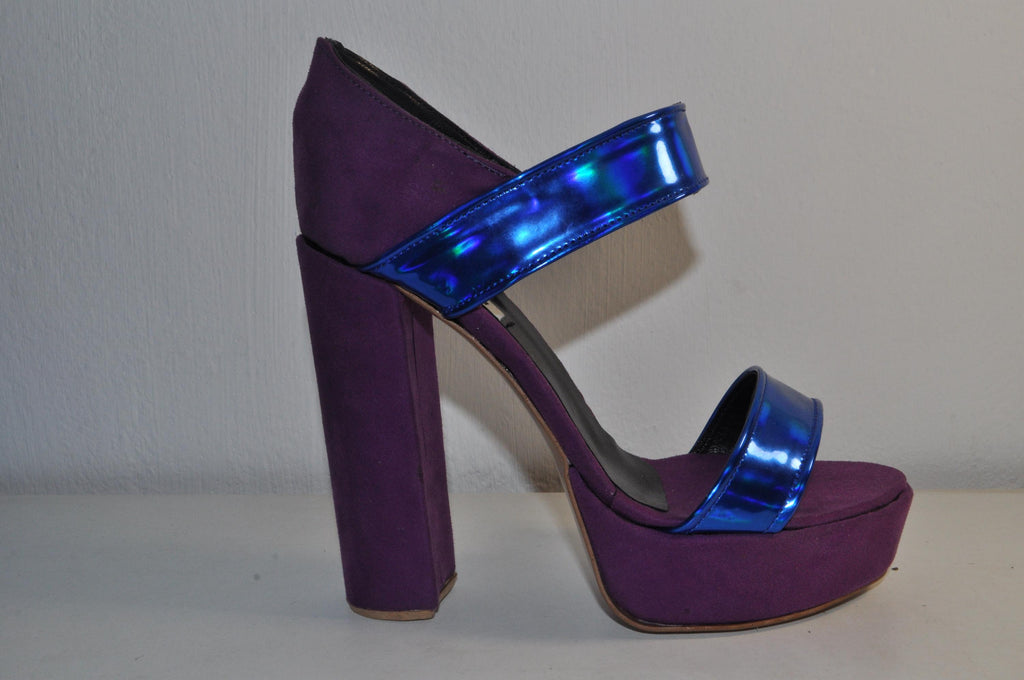 Purple Chunky Heel Sandals with Blue Straps: Women’s Fashion Heels
