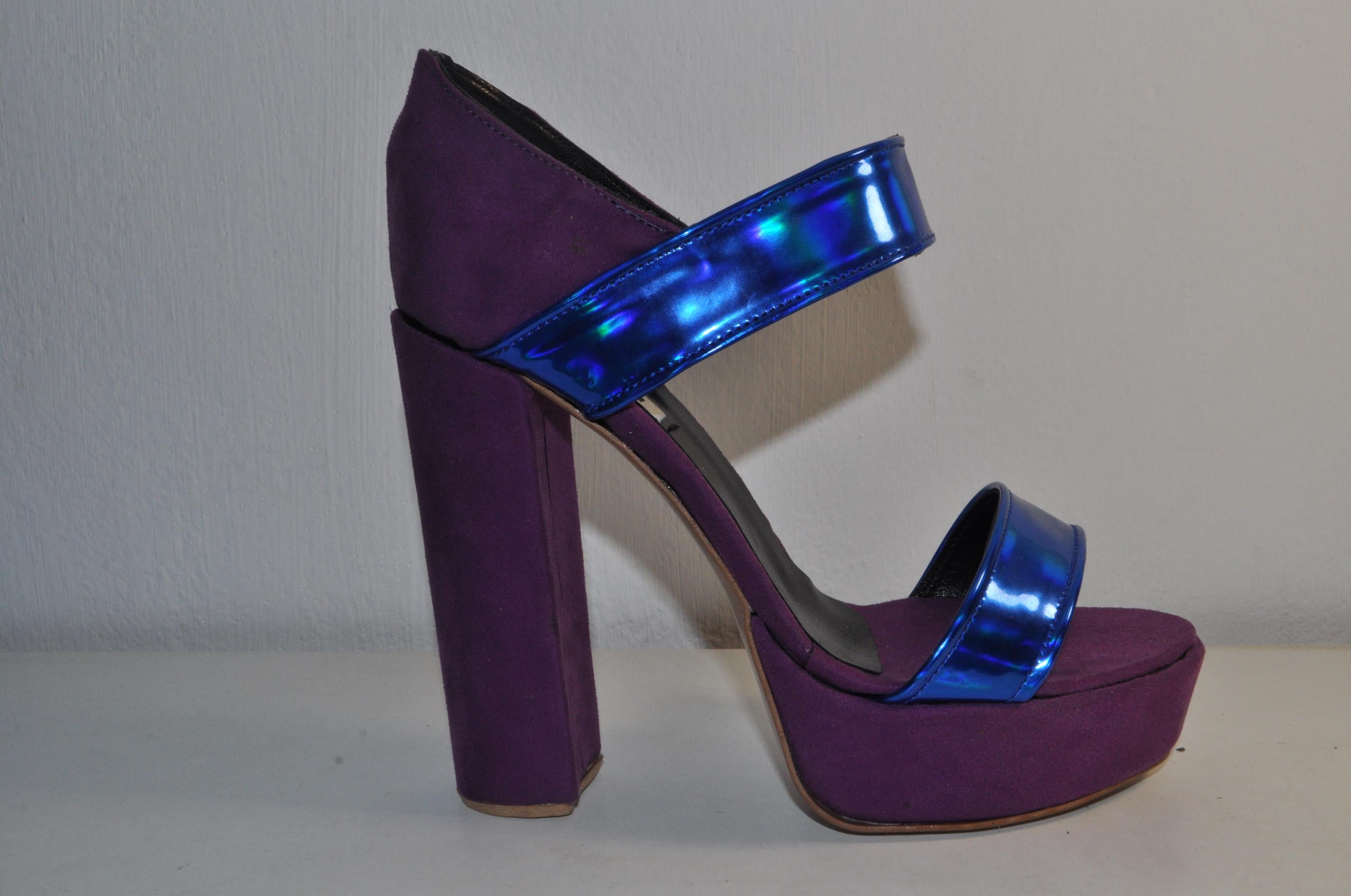 Purple Chunky Heel Sandals with Blue Straps: Women’s Fashion Heels