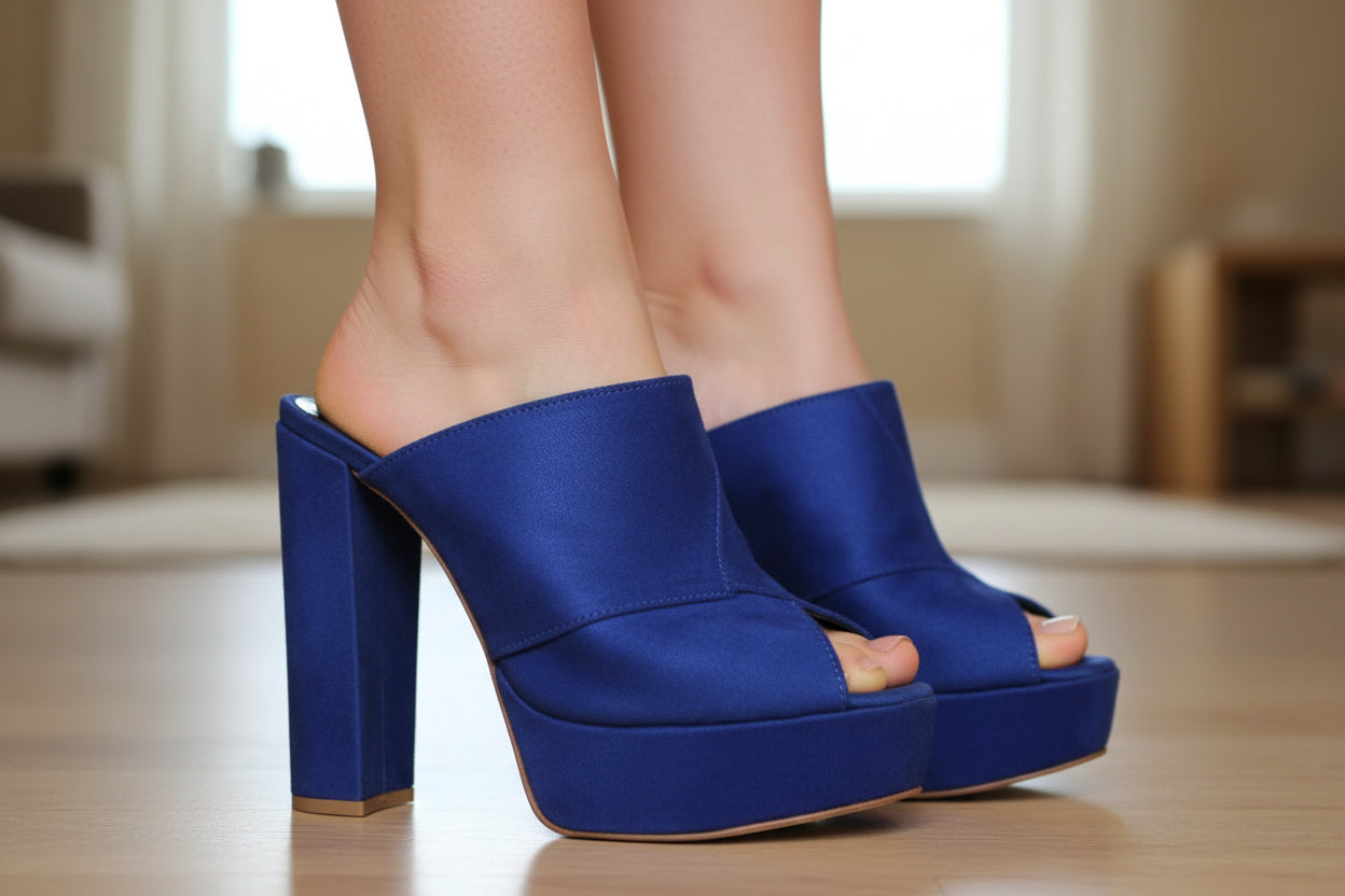 Blue Chunky Heel Mules: Handmade Fashion Heels