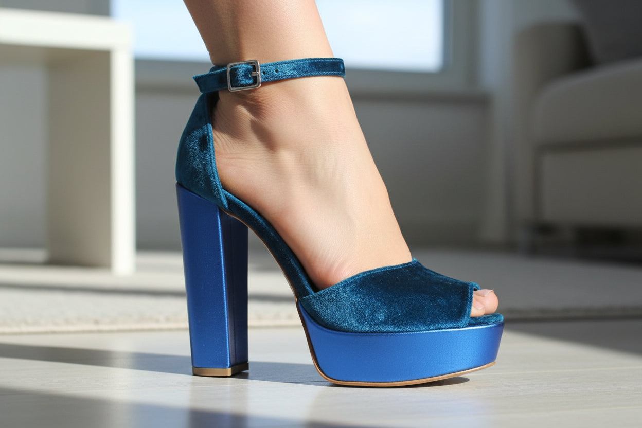 “Women’s Olivia Blue Velvet Chunky Heel Sandals – Chic Luxury Evening Heels”