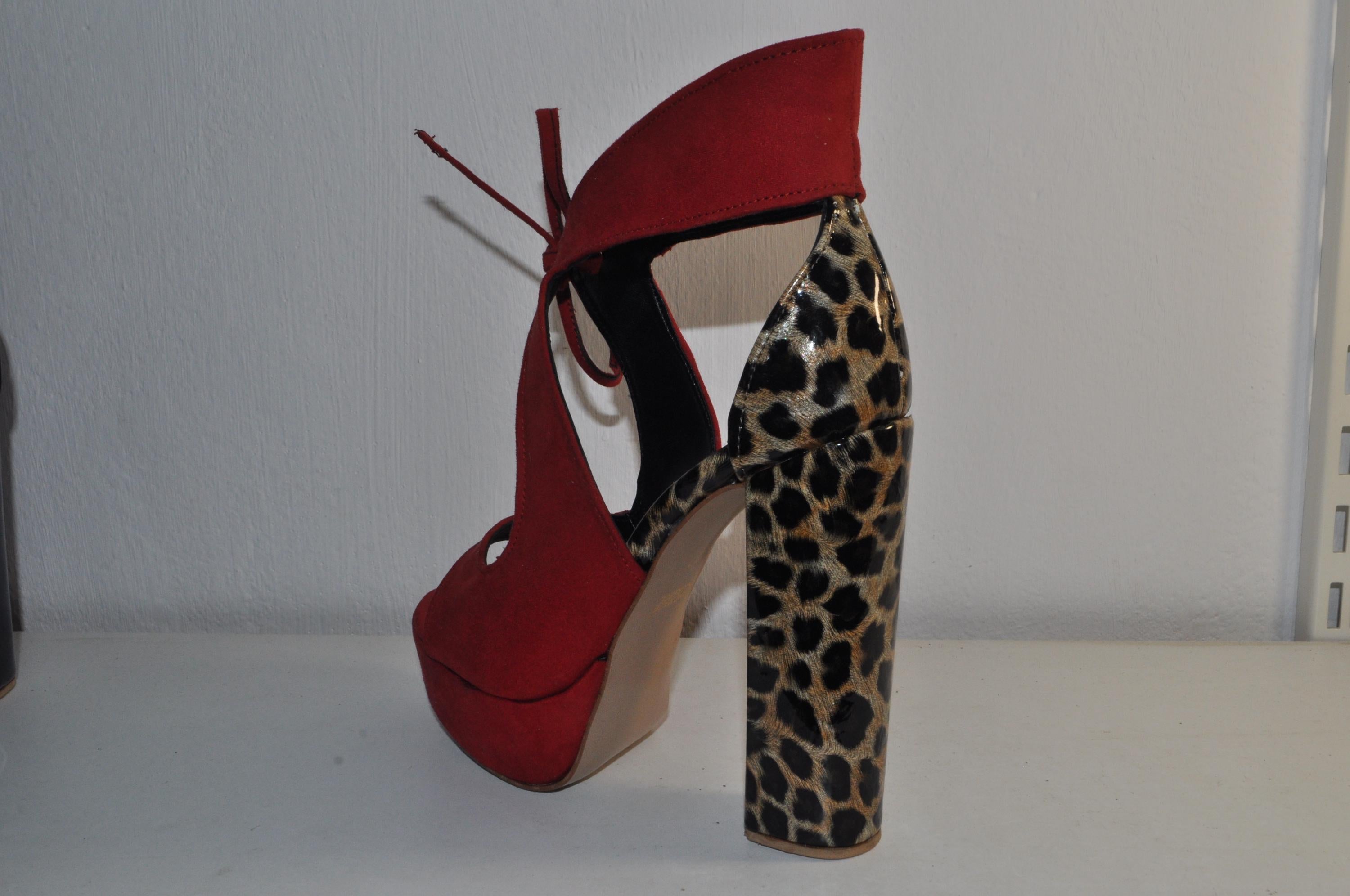 “Luxury Women’s Red Chunky Heel Sandals – Leopard Print Evening Heels”