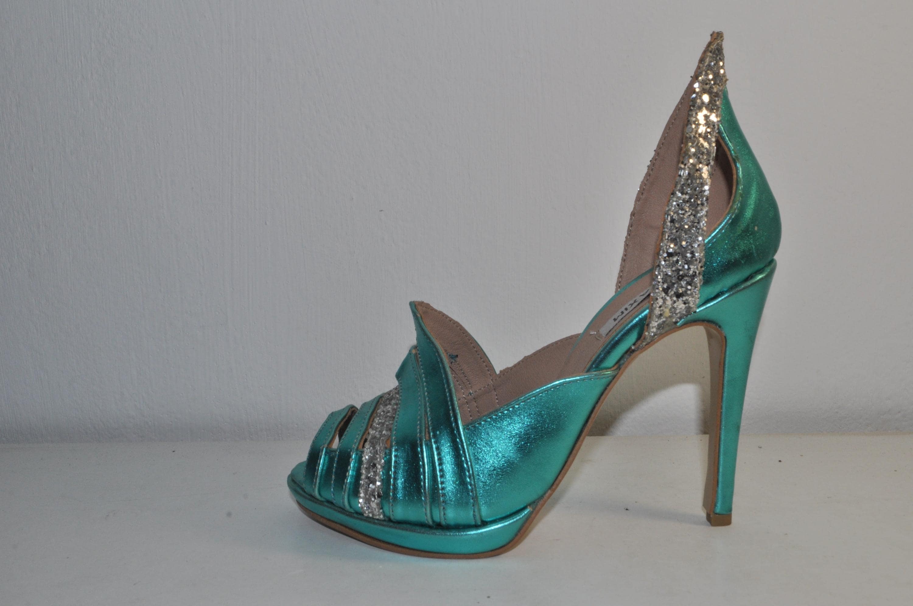 Teal Metallic Glitter High Heel Sandals – Chunky Heel, Open Toe Evening Shoes