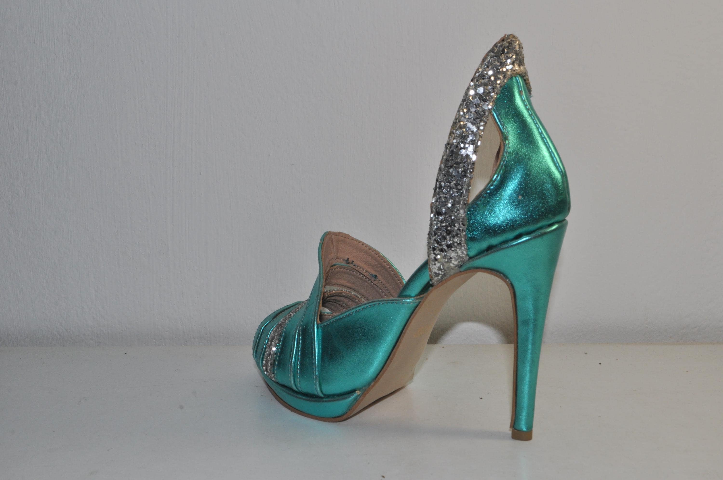 Teal Metallic Glitter High Heel Sandals – Chunky Heel, Open Toe Evening Shoes