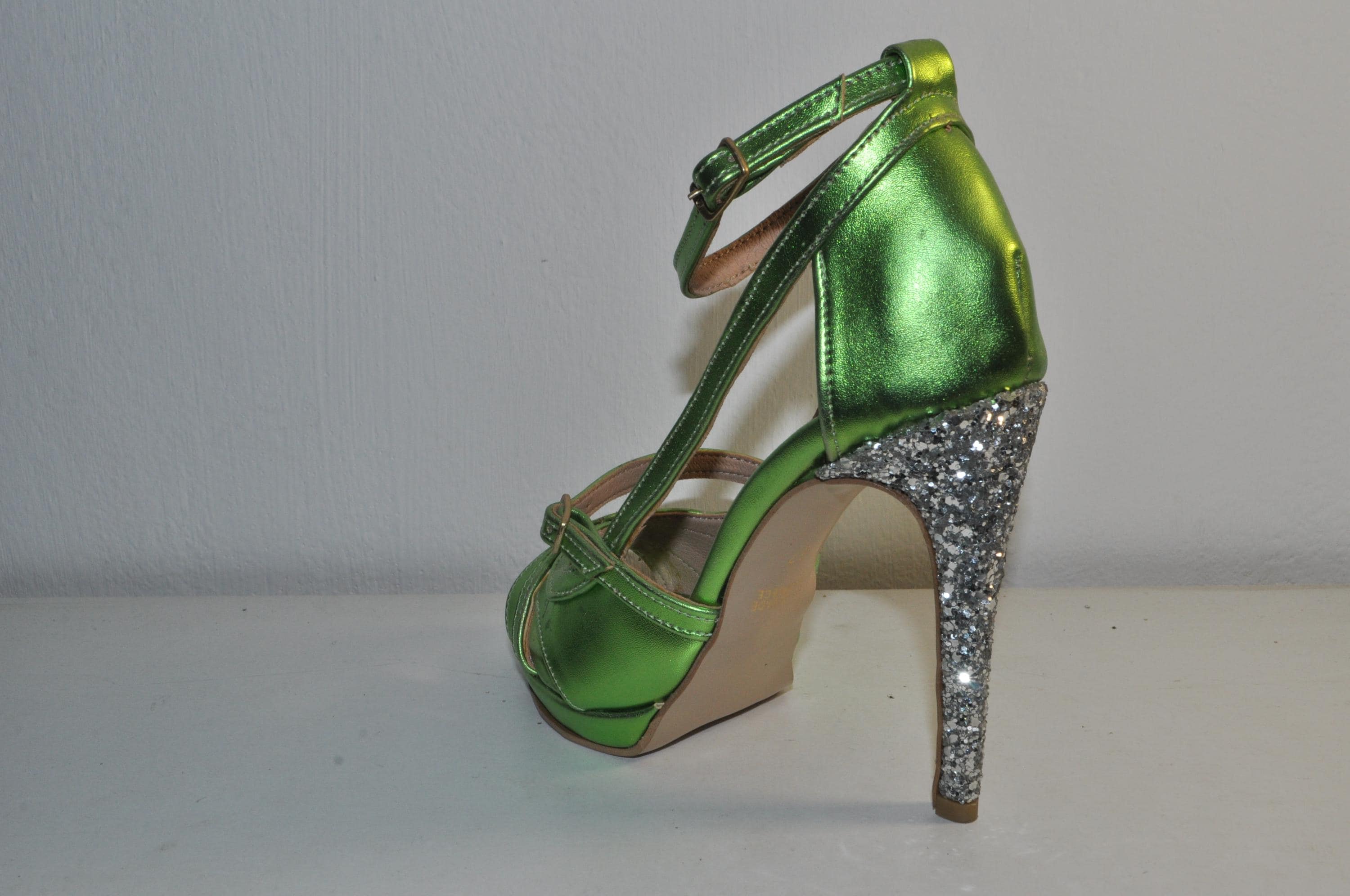 Handcrafted Green High Heel Sandals – Metallic Glitter Evening Shoes