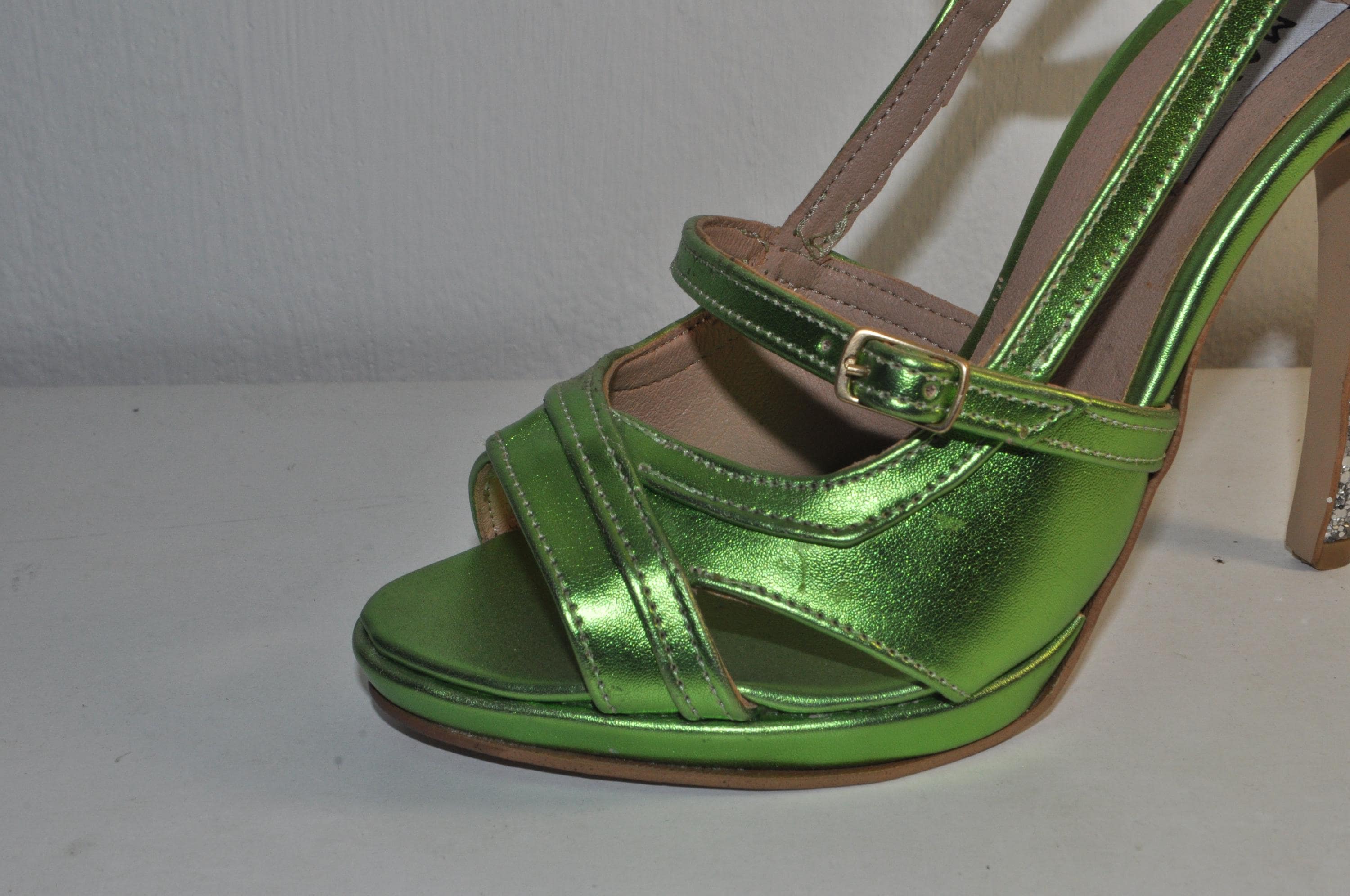Handcrafted Green High Heel Sandals – Metallic Glitter Evening Shoes
