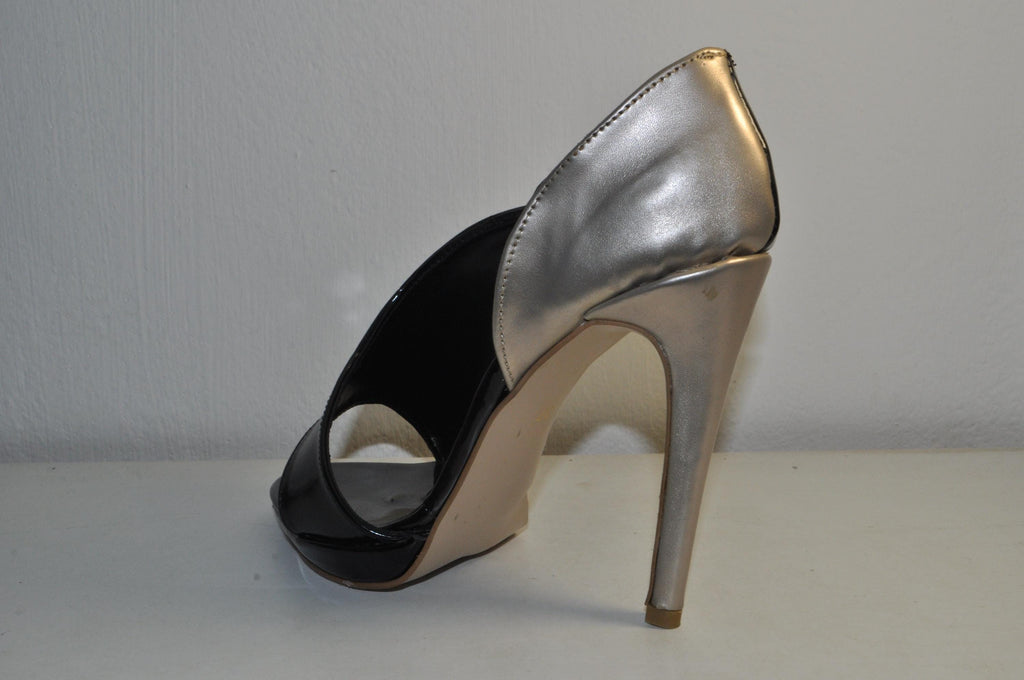 “Women’s Black Patent Leather High Heel Sandals – Silver Detail Luxury Evening Shoes”
