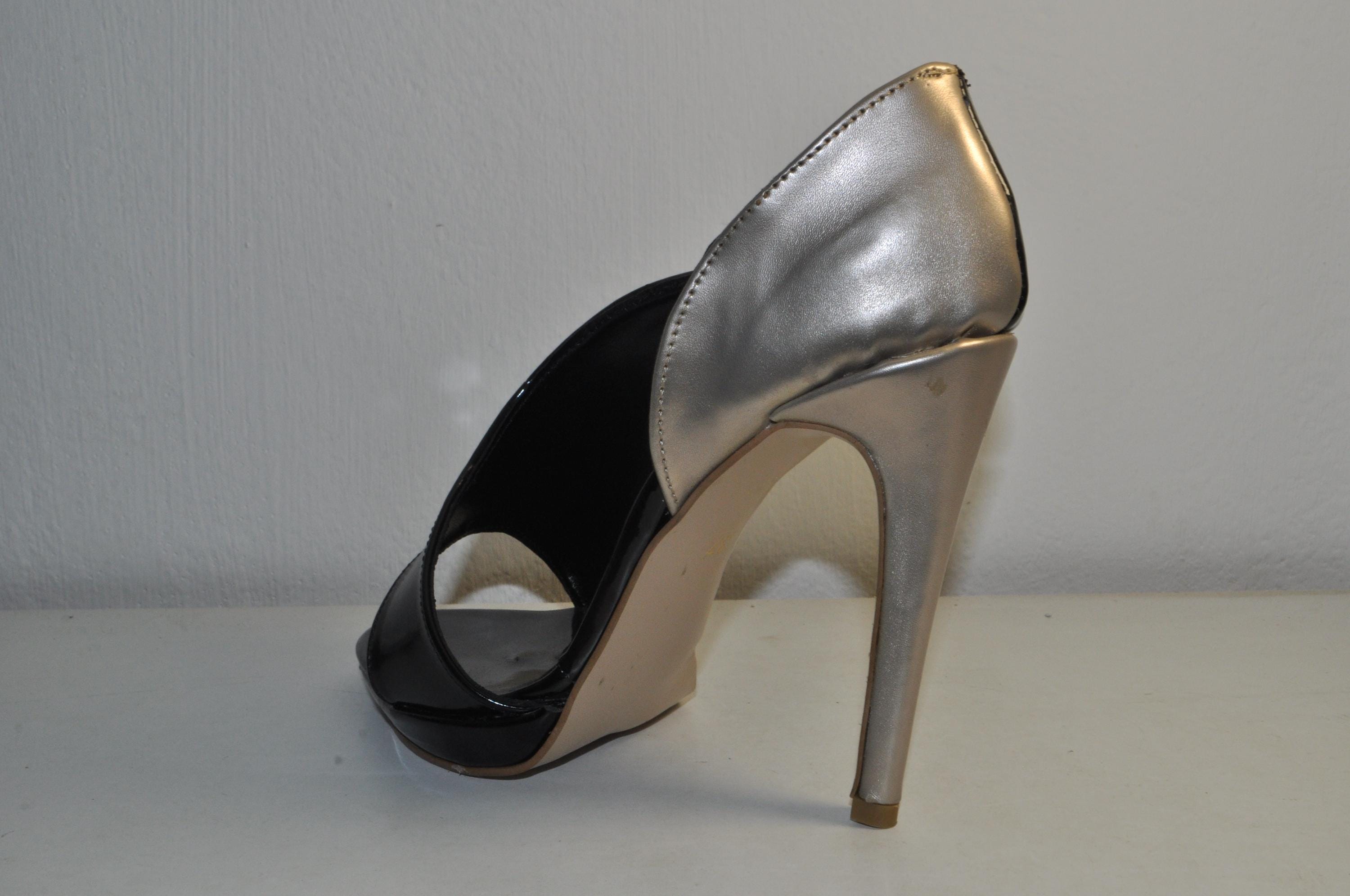 “Women’s Black Patent Leather High Heel Sandals – Silver Detail Luxury Evening Shoes”