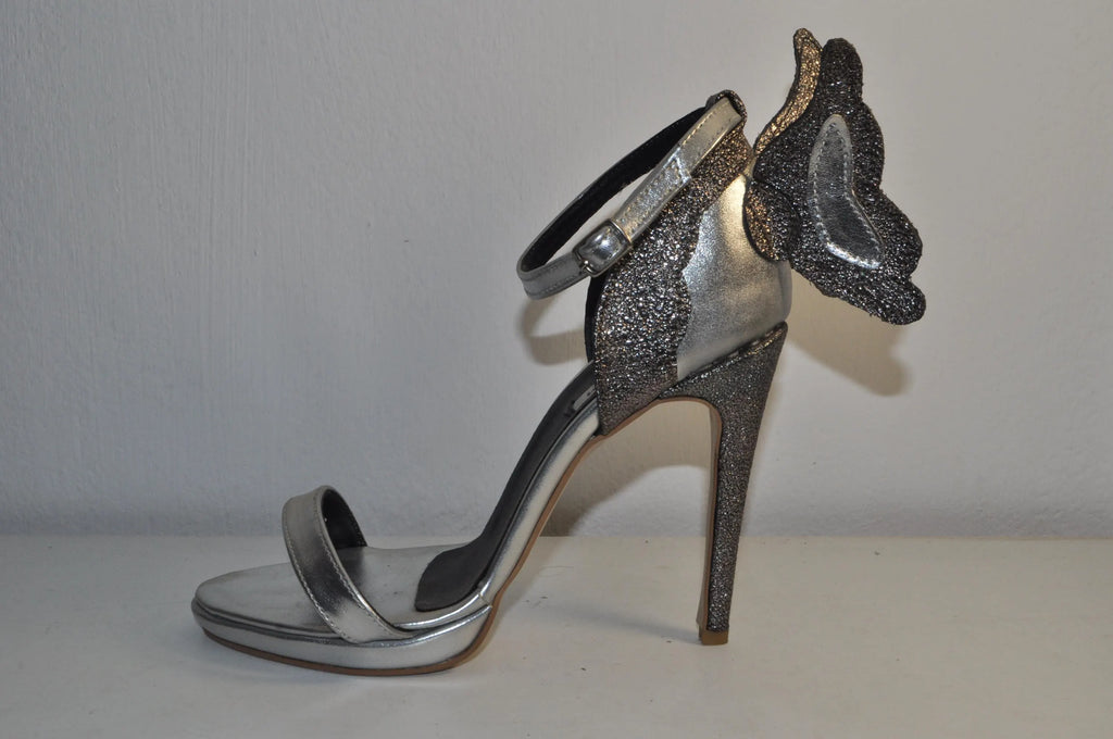 “Women’s Silver Butterfly High Heel Sandals – Elegant Handmade Evening Shoes”