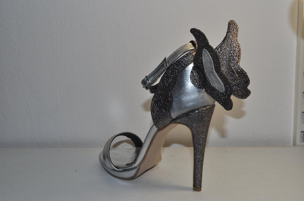 “Women’s Silver Butterfly High Heel Sandals – Elegant Handmade Evening Shoes”