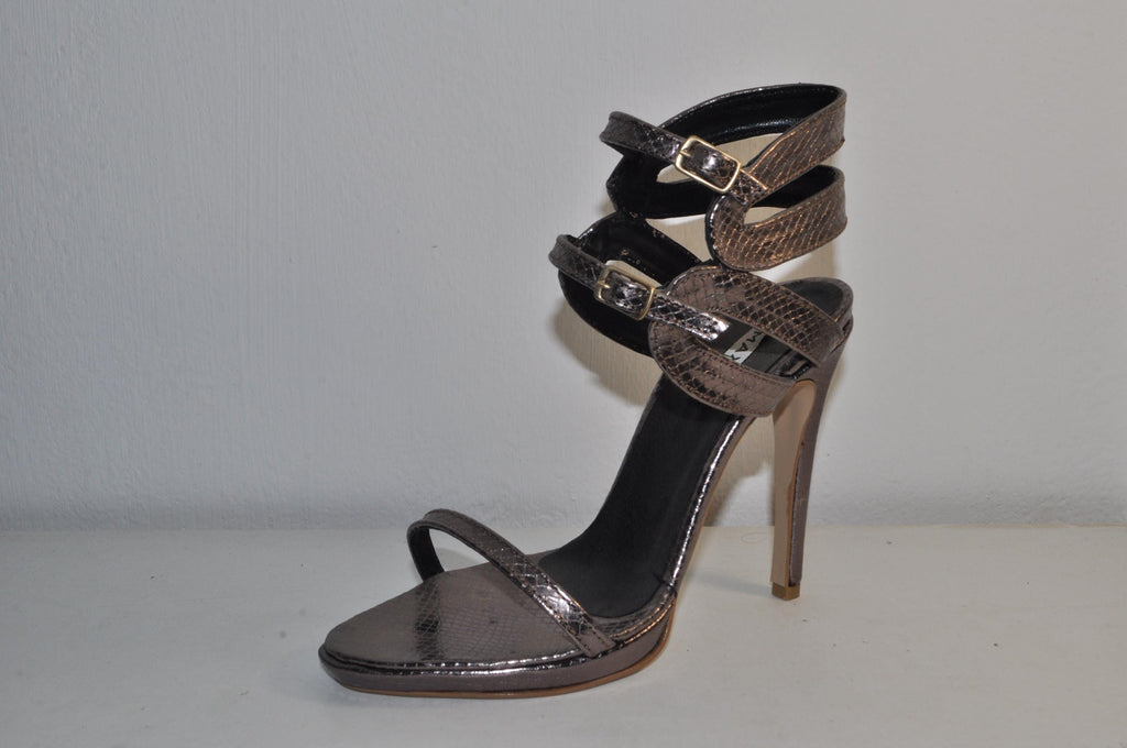 “Designer Women’s Handmade Strappy High Heel Sandals – Bronze Snake Leather Evening Shoes”