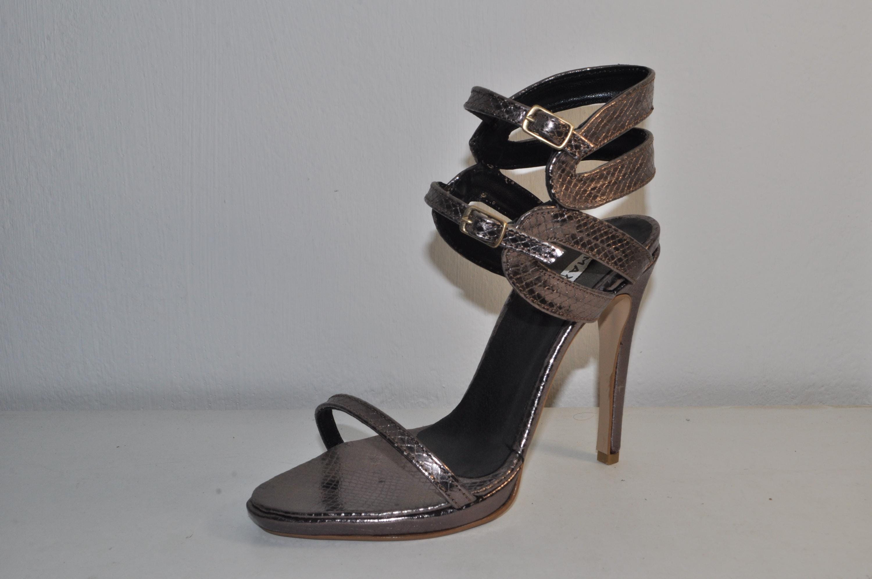 “Designer Women’s Handmade Strappy High Heel Sandals – Bronze Snake Leather Evening Shoes”