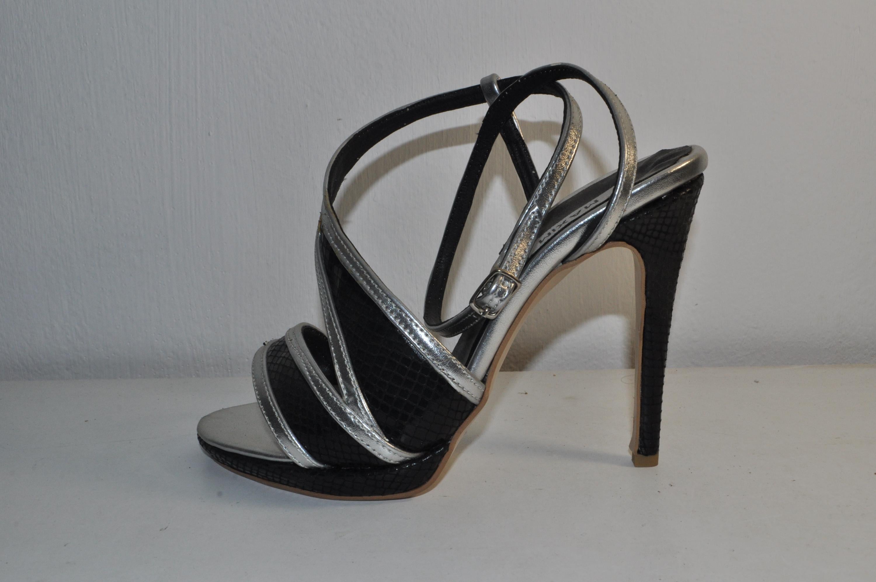 Black & Silver Strappy High Heel Sandals: Women’s Evening Shoes
