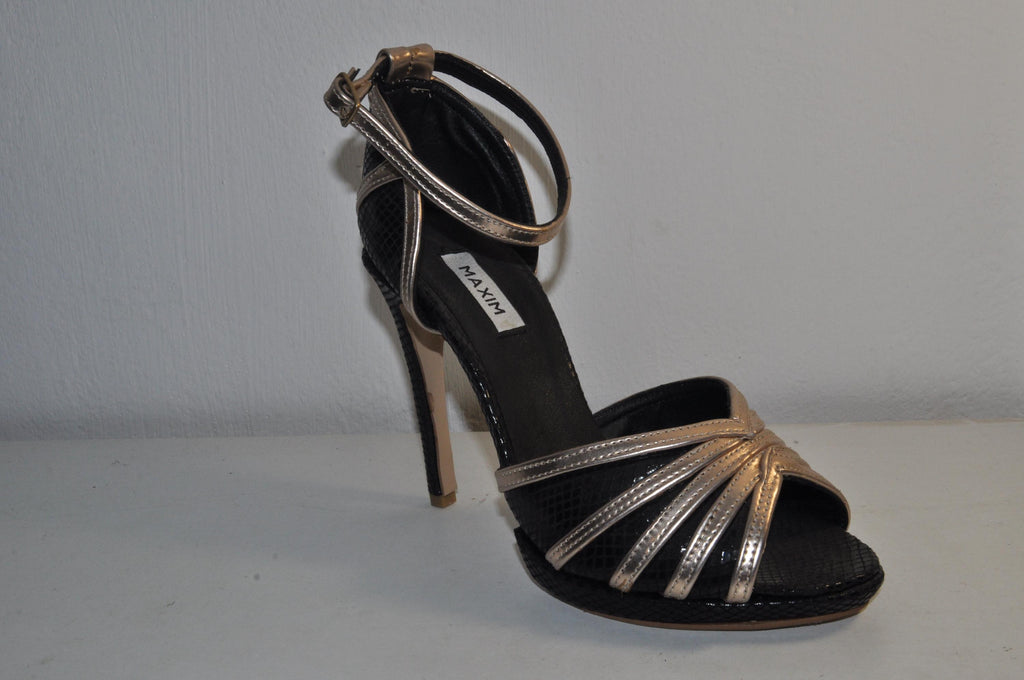 “Luxury Women’s Handmade Black & Gold Leather High Heel Sandals – Elegant Evening Heels”