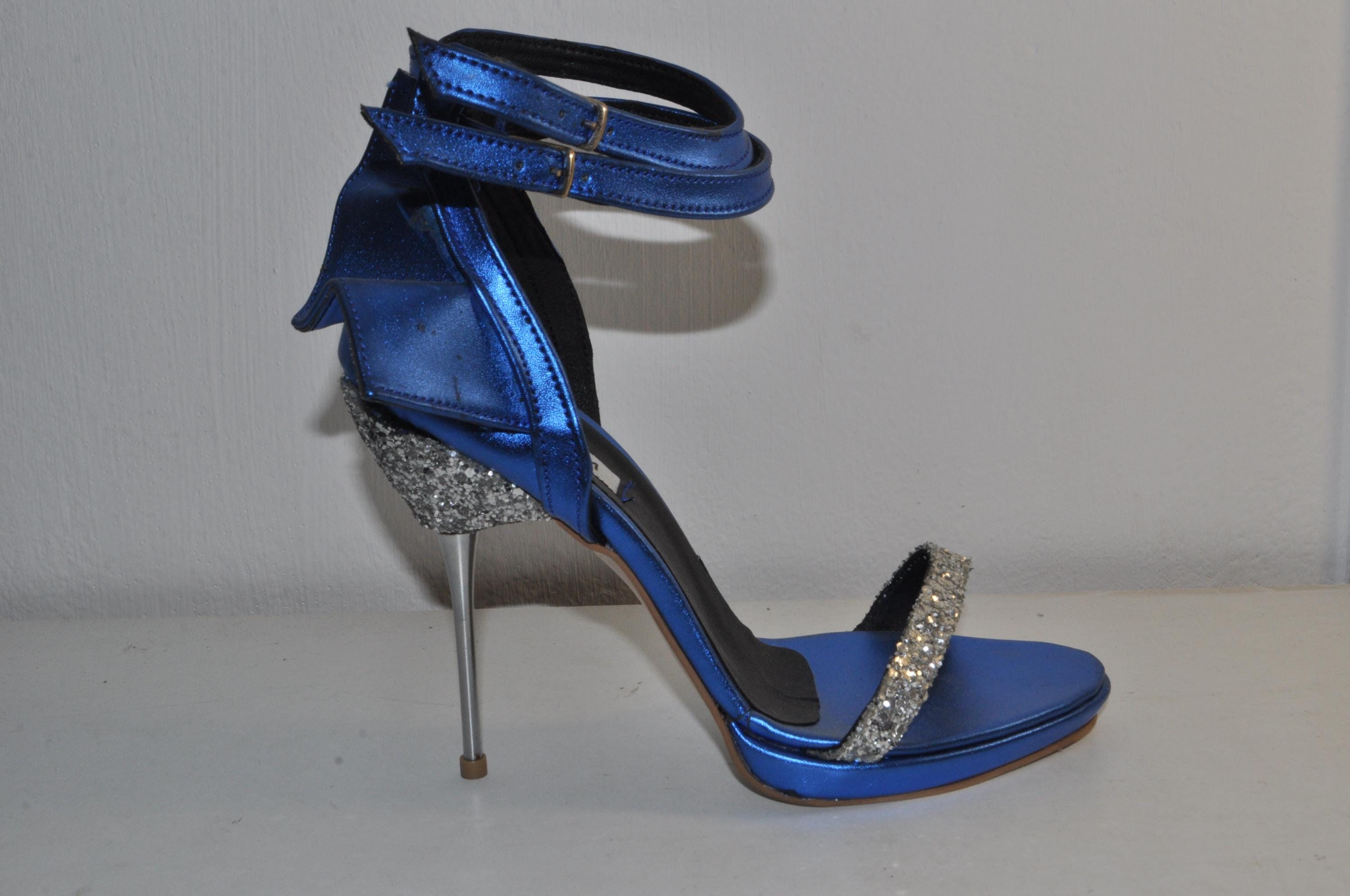 “Women’s Blue Handmade Glamour High Heel Sandals – Stylish Metal Heel Evening Shoes”