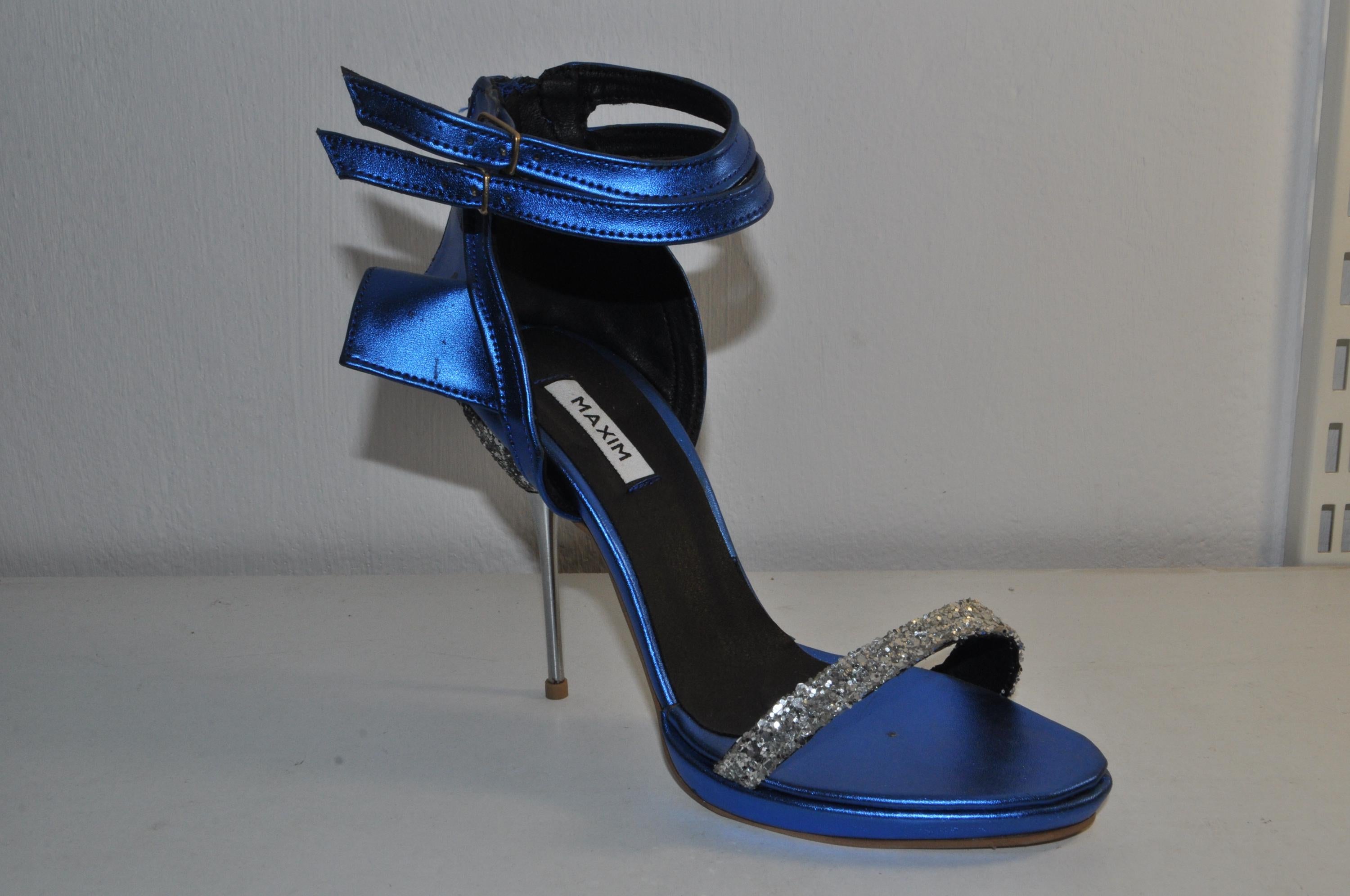 “Women’s Blue Handmade Glamour High Heel Sandals – Stylish Metal Heel Evening Shoes”