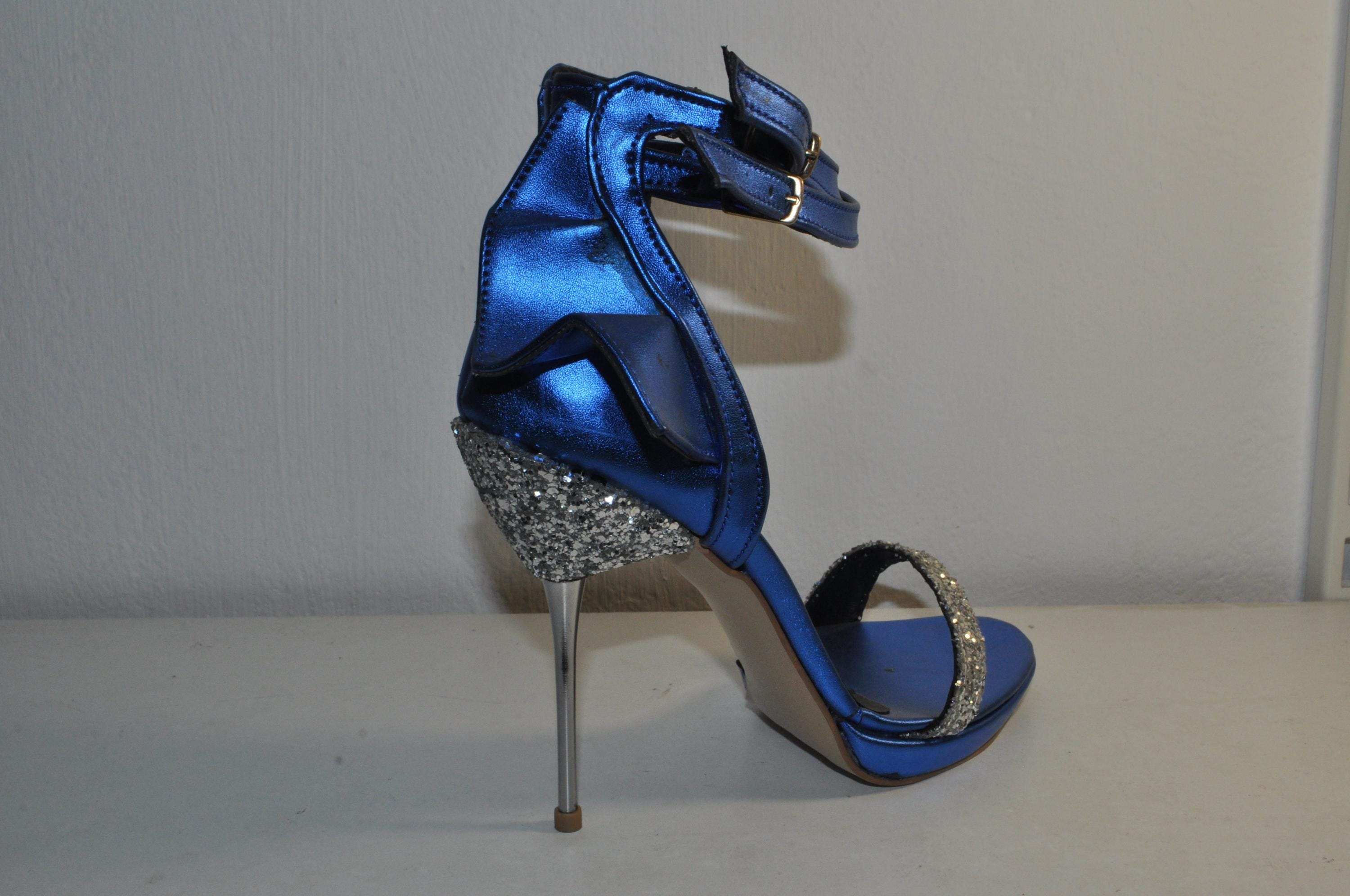 “Women’s Blue Handmade Glamour High Heel Sandals – Stylish Metal Heel Evening Shoes”