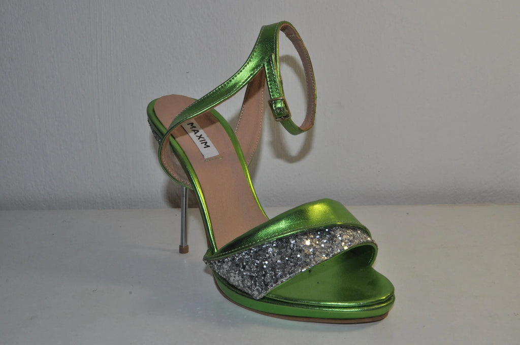“Designer Women’s MAXIM Green Leather High Heel Sandals – Sophisticated Evening Heels”