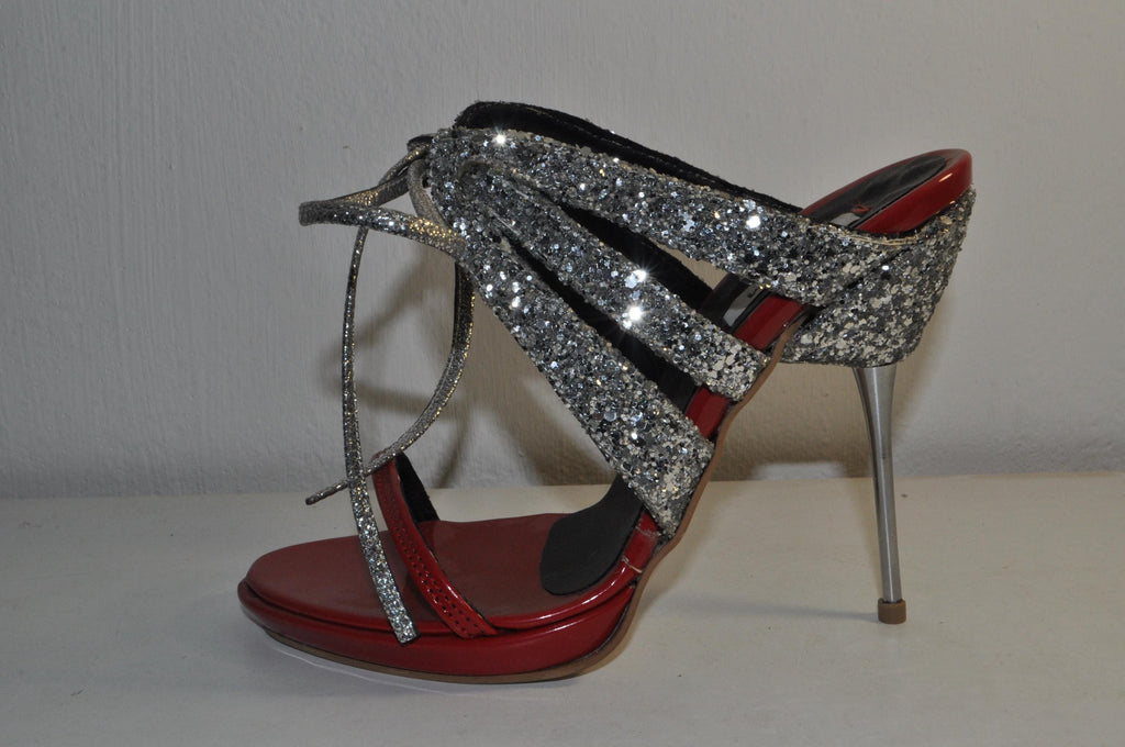 “Designer Women’s Red Patent Leather High Heel Sandals with Silver Glitter – Stylish Metal Heel Evening Heels”