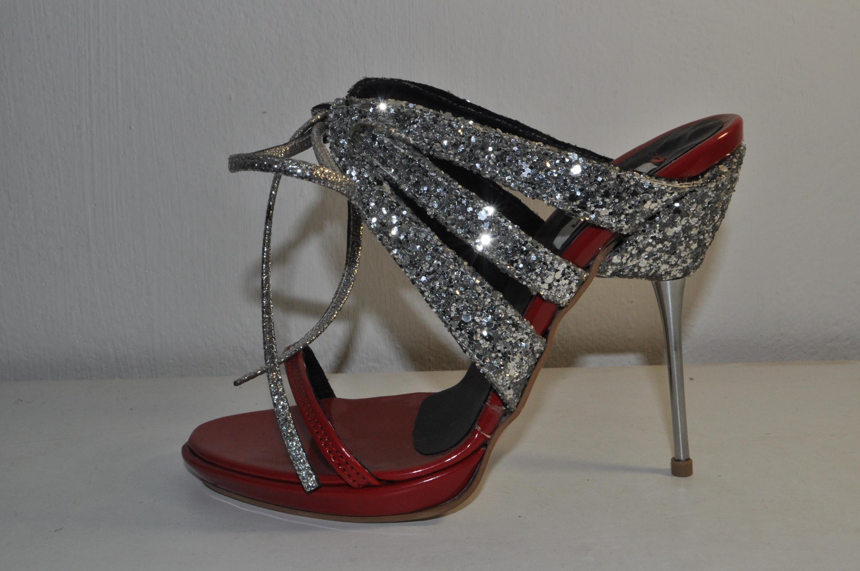 “Designer Women’s Red Patent Leather High Heel Sandals with Silver Glitter – Stylish Metal Heel Evening Heels”