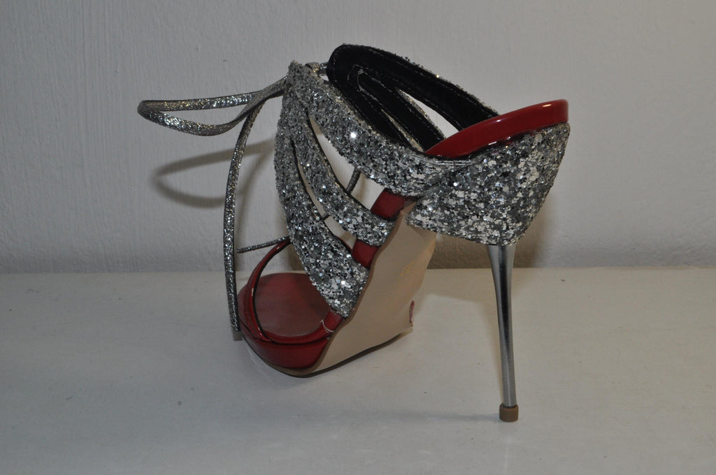 “Designer Women’s Red Patent Leather High Heel Sandals with Silver Glitter – Stylish Metal Heel Evening Heels”