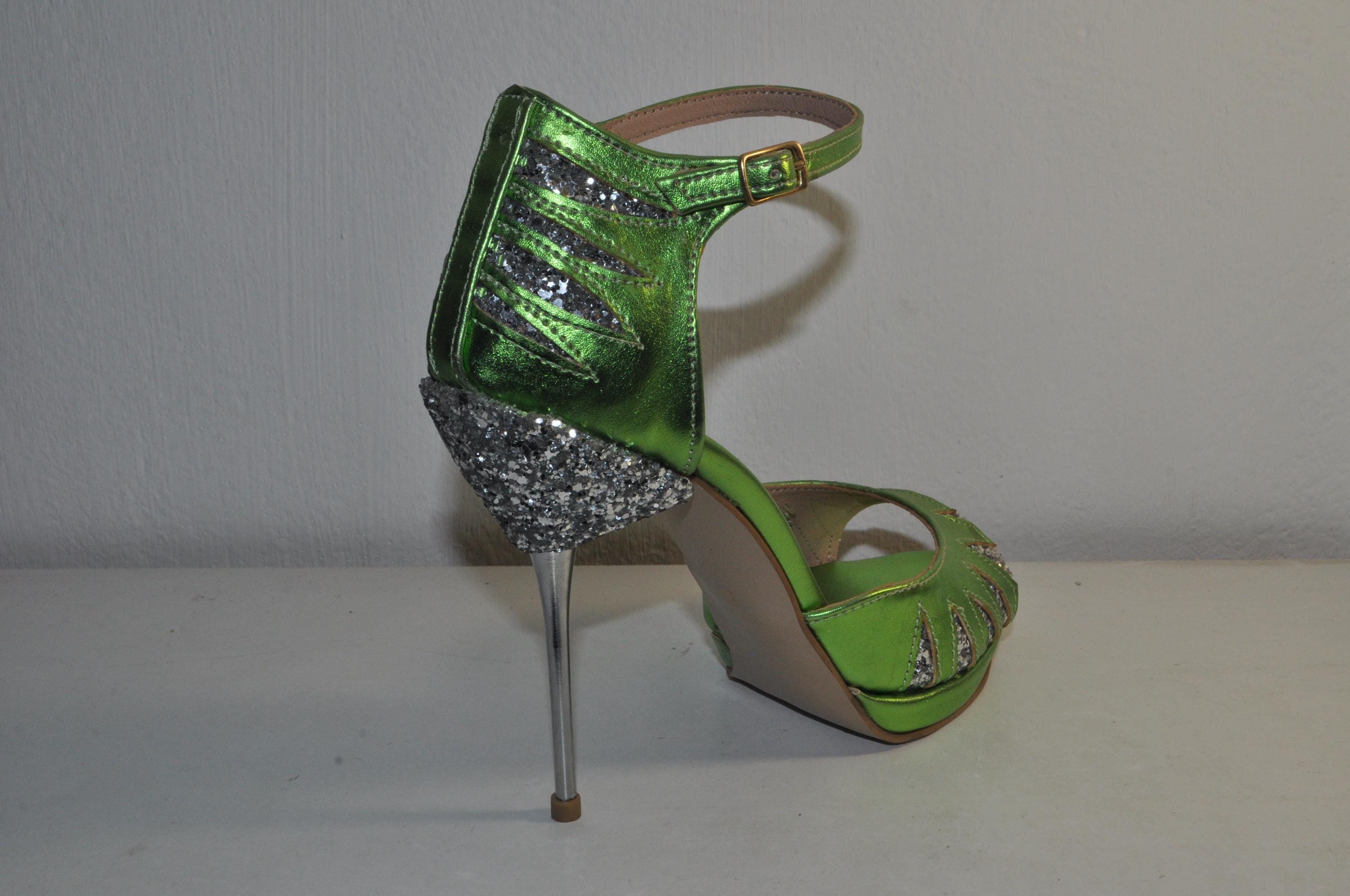 “Designer Women’s Green Metallic Leather High Heel Sandals – Chunky Metallic Heel Evening Heels”