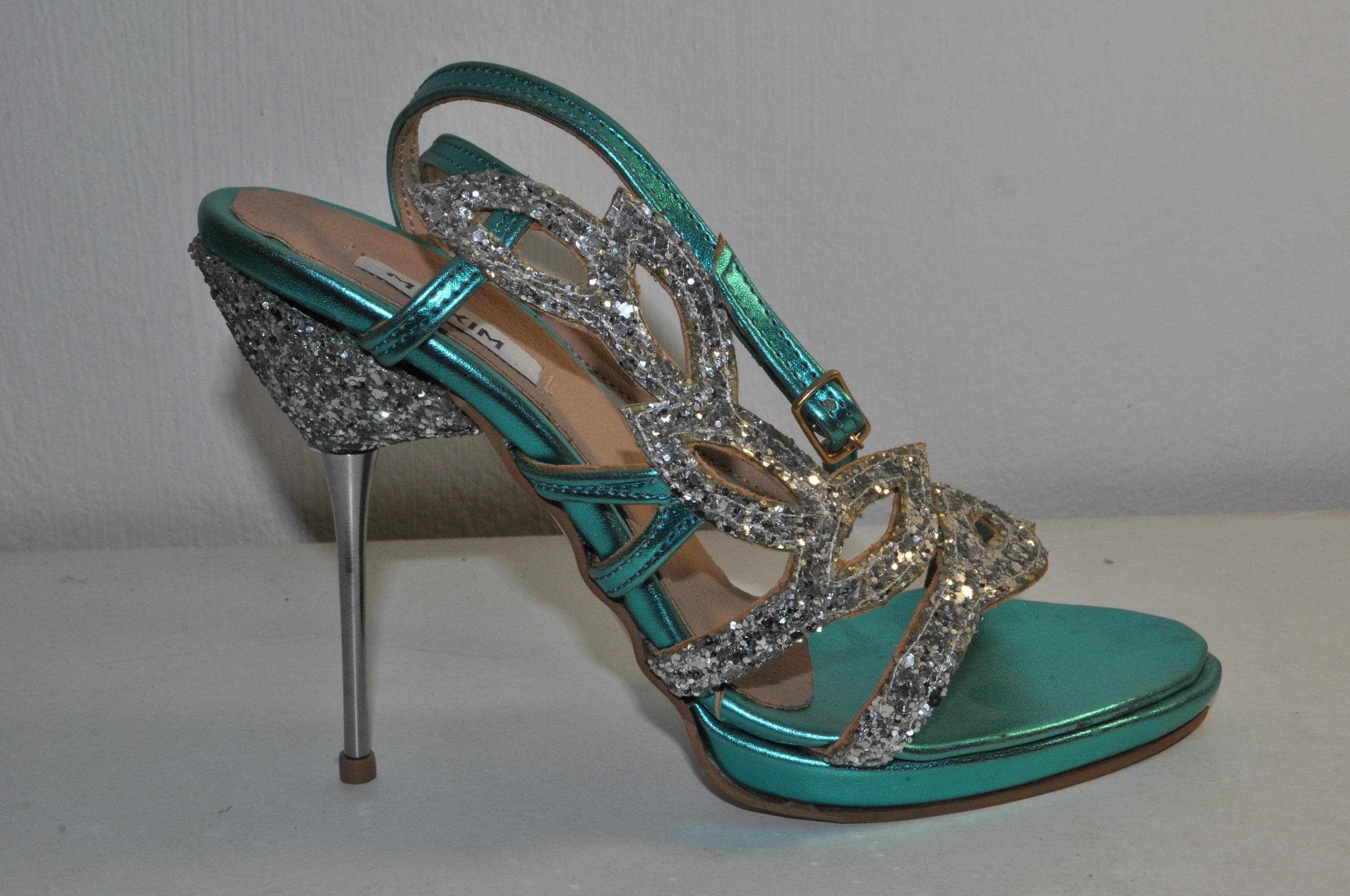 Chic Teal Glitter High Heels with Metallic Heel: Women’s Evening Glamour Sandals