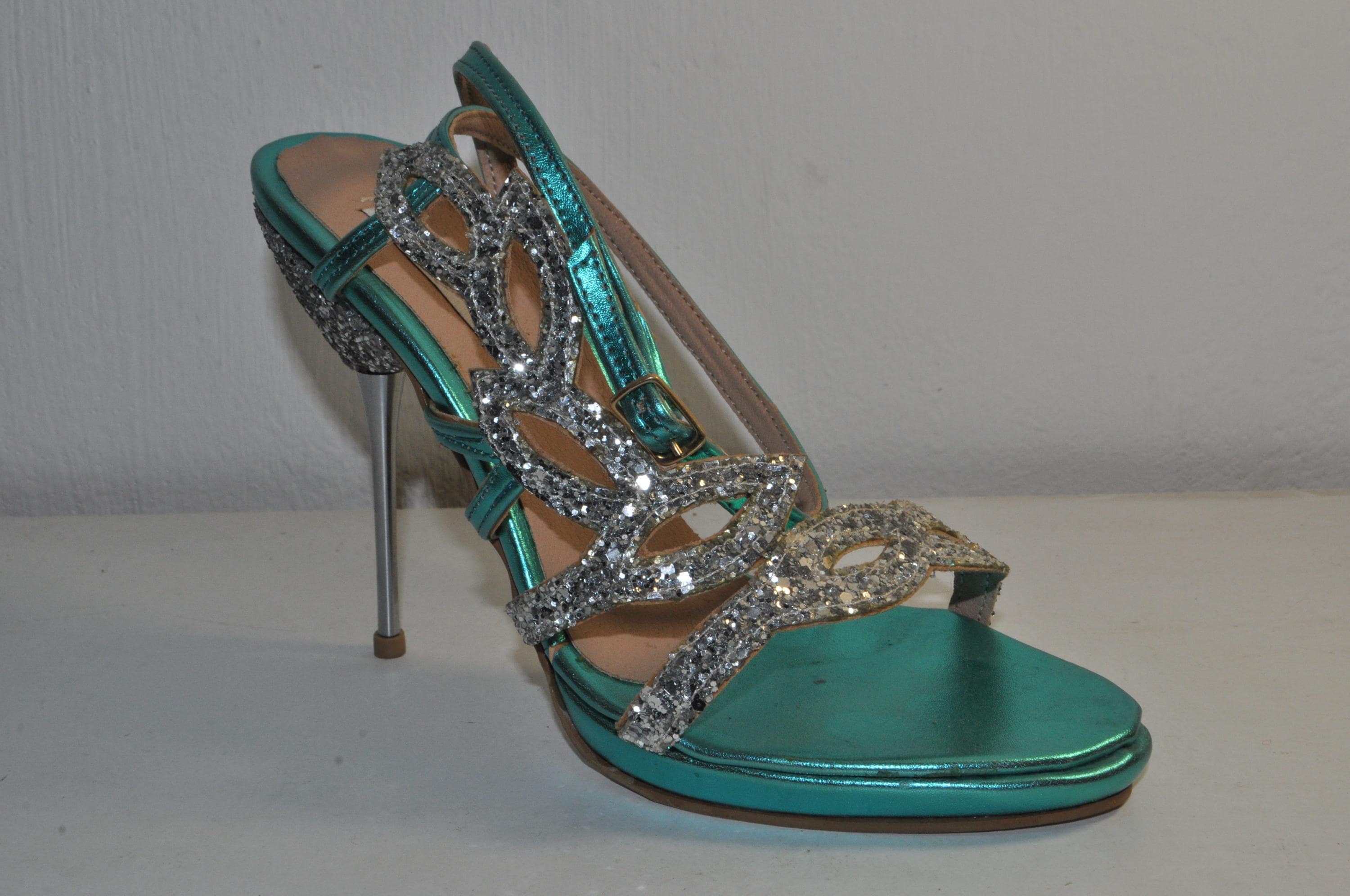 Chic Teal Glitter High Heels with Metallic Heel: Women’s Evening Glamour Sandals
